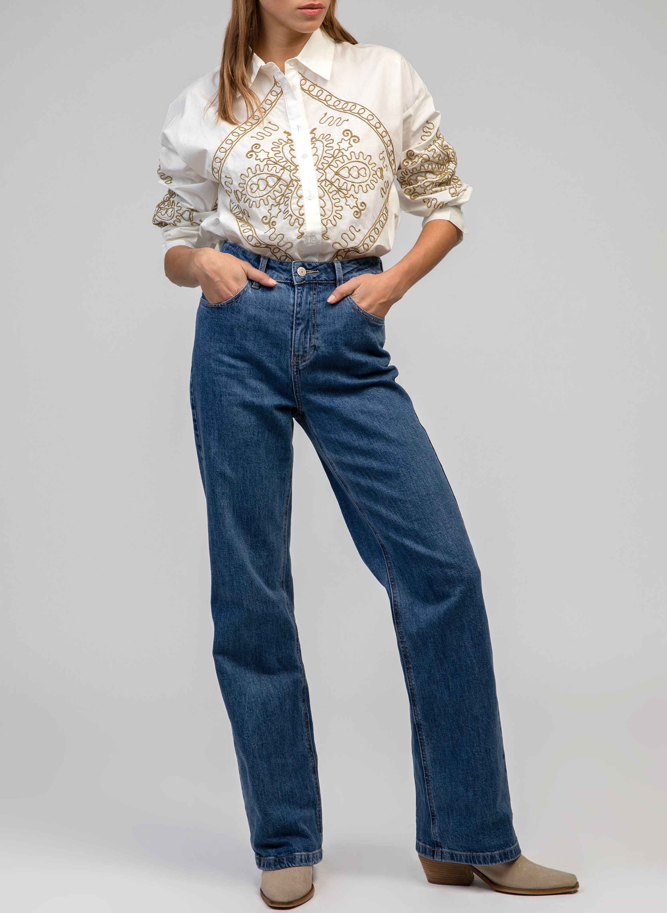 Straight embroidered cotton shirt AN'GE Beige