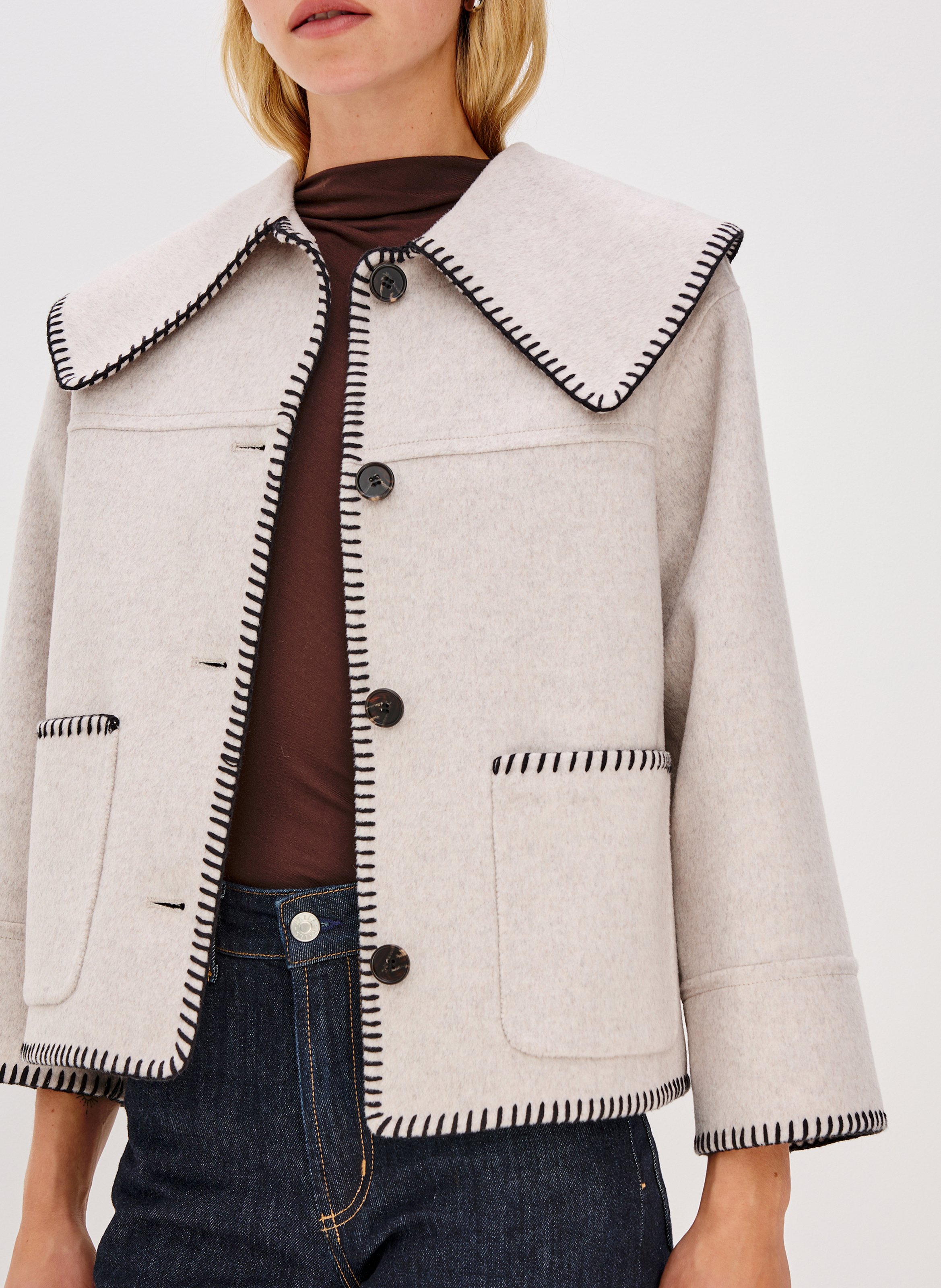 Veste droite unie à broderies en laine mélangée RAILS Beige