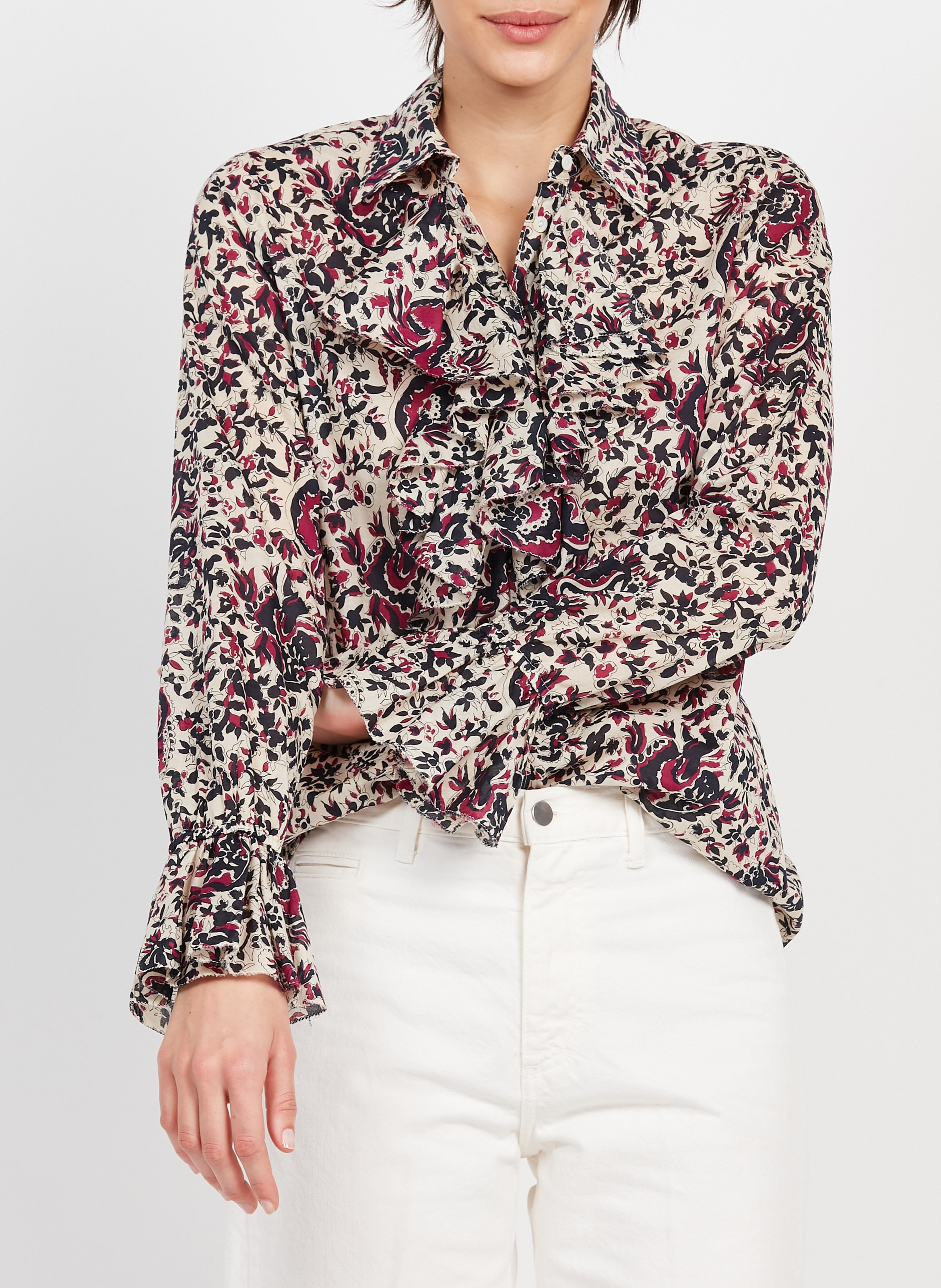 Chemise col classique imprimé floral à volants en coton  DIEGA Beige