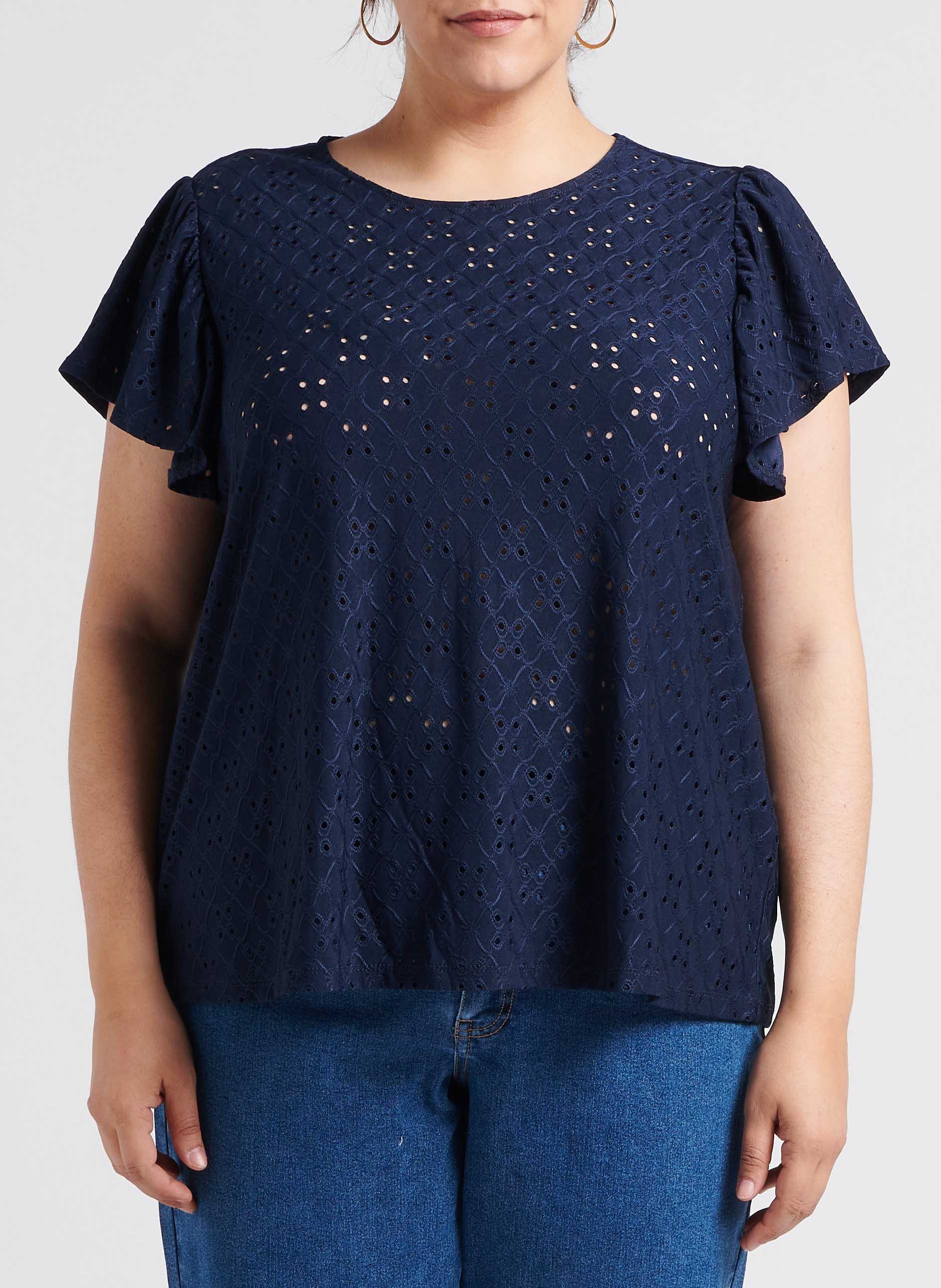 Top col rond broderies ajourées  EVOKED Bleu