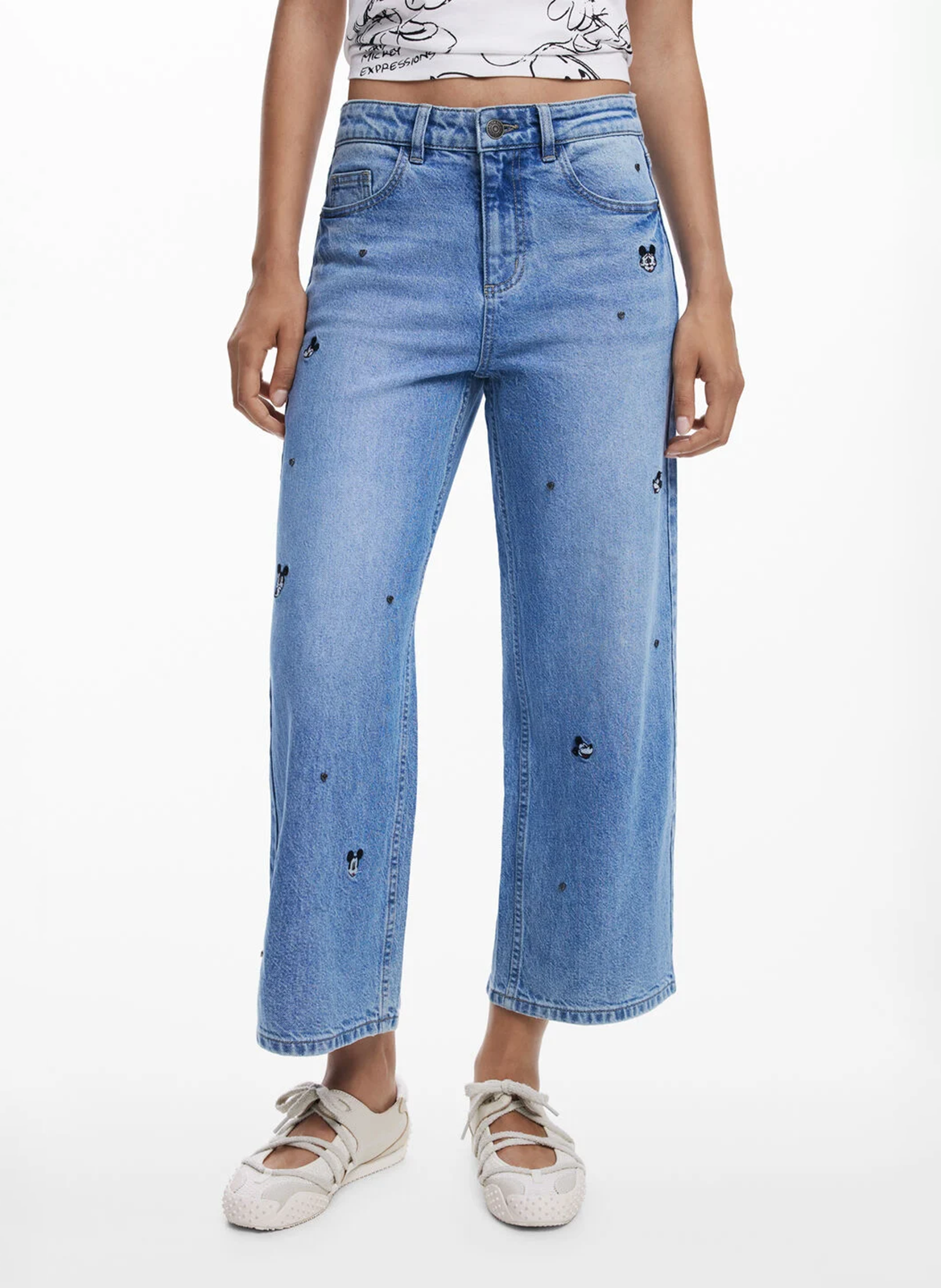 Wijde broek van gemengd katoen met borduursel DESIGUAL Blauw