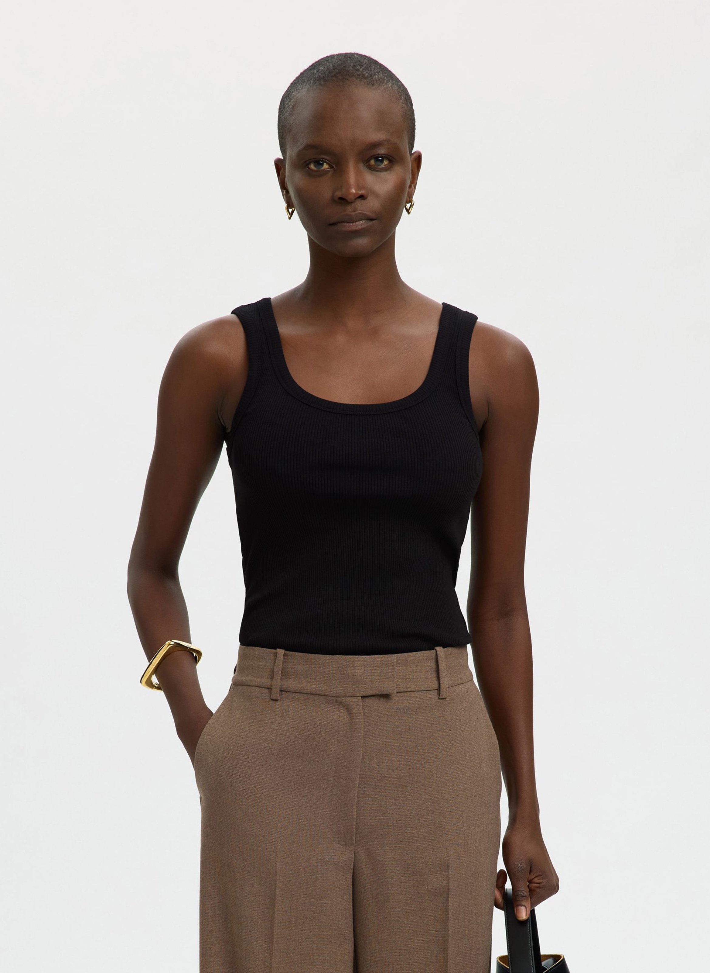 Round neck organic cotton blend straight tank top SELECTED Black