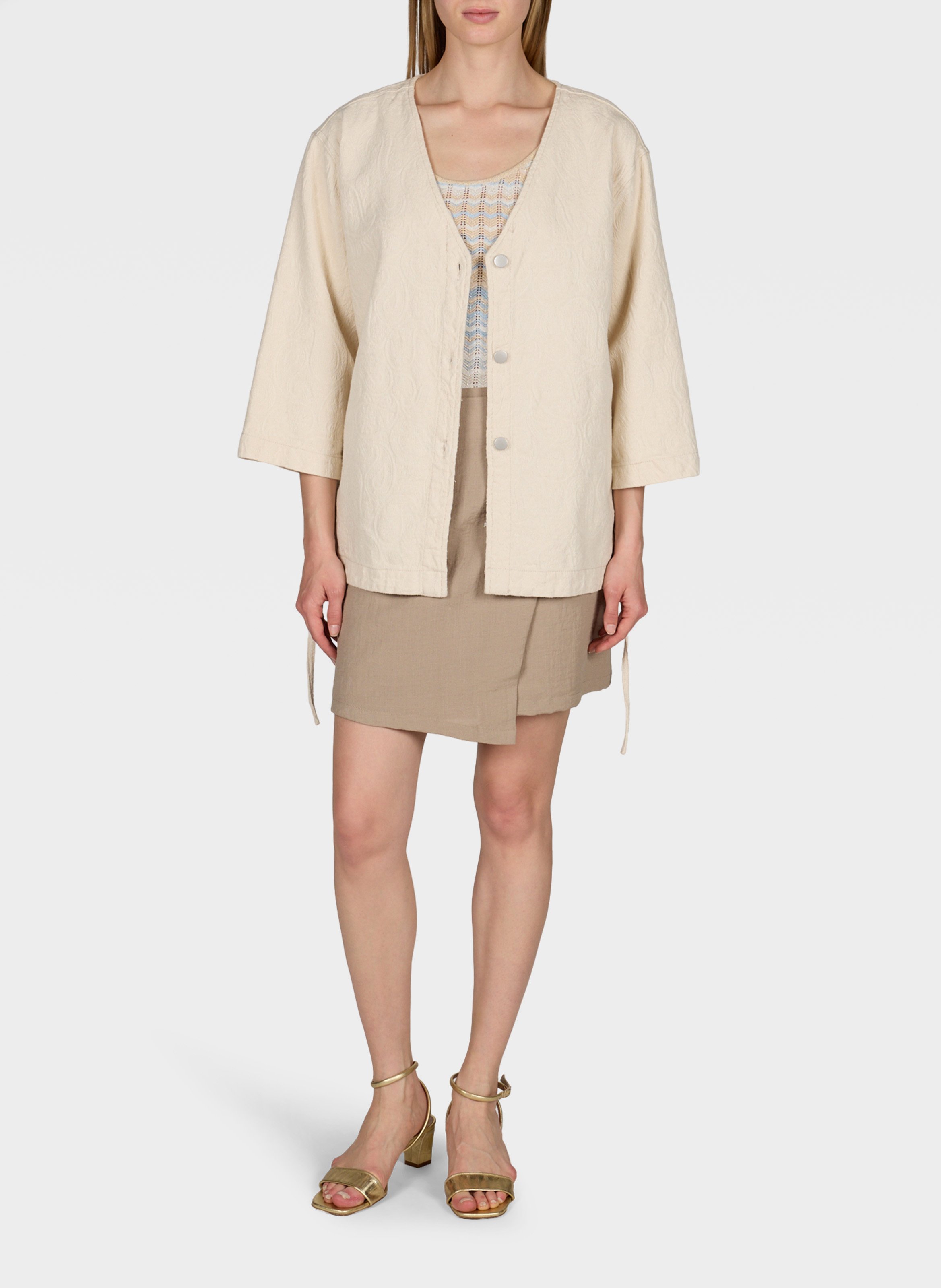 Veste droite col V en coton bio et coton OBJECT Beige