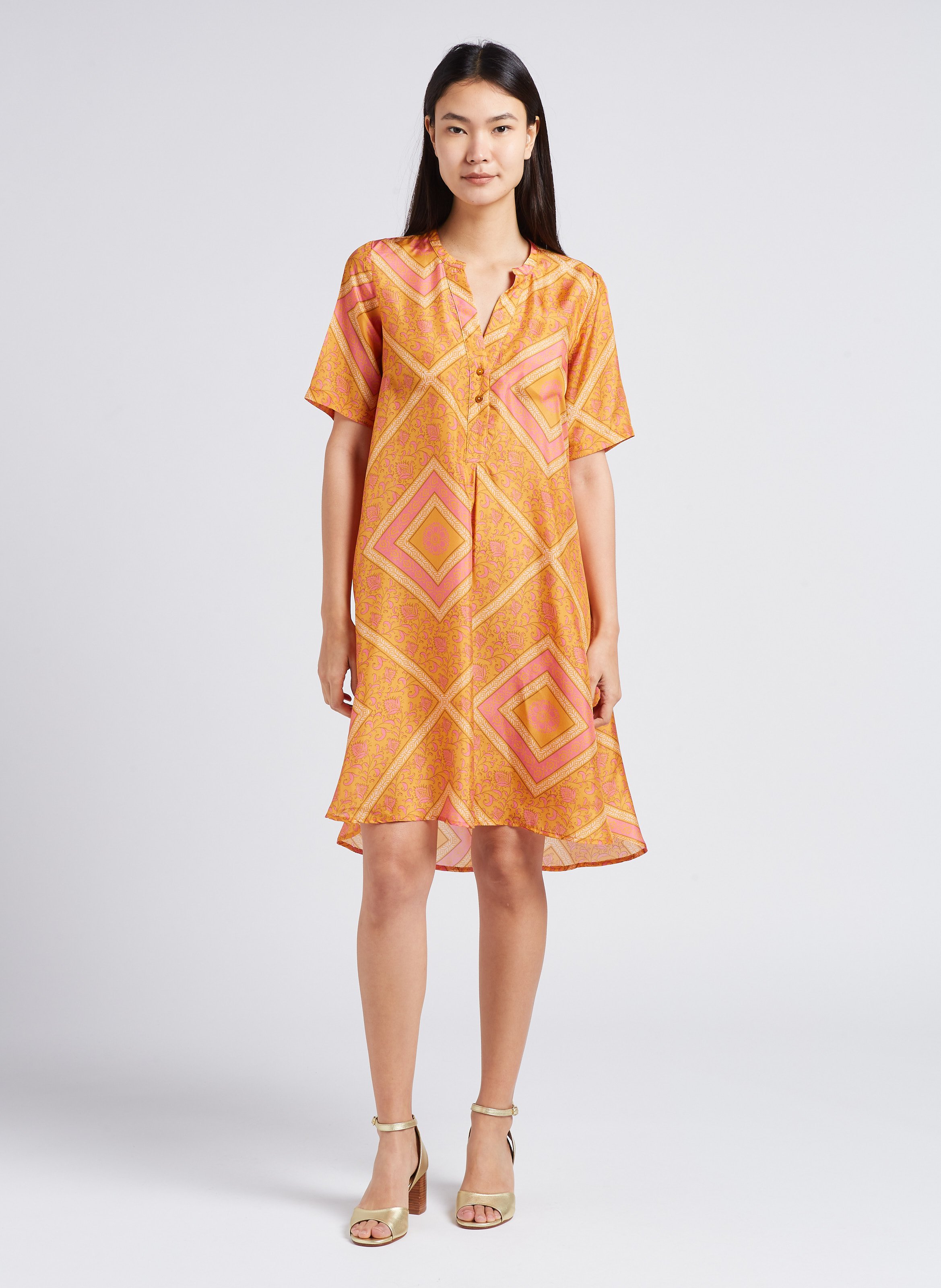 V-neck printed silk midi dress MOMONI Orange