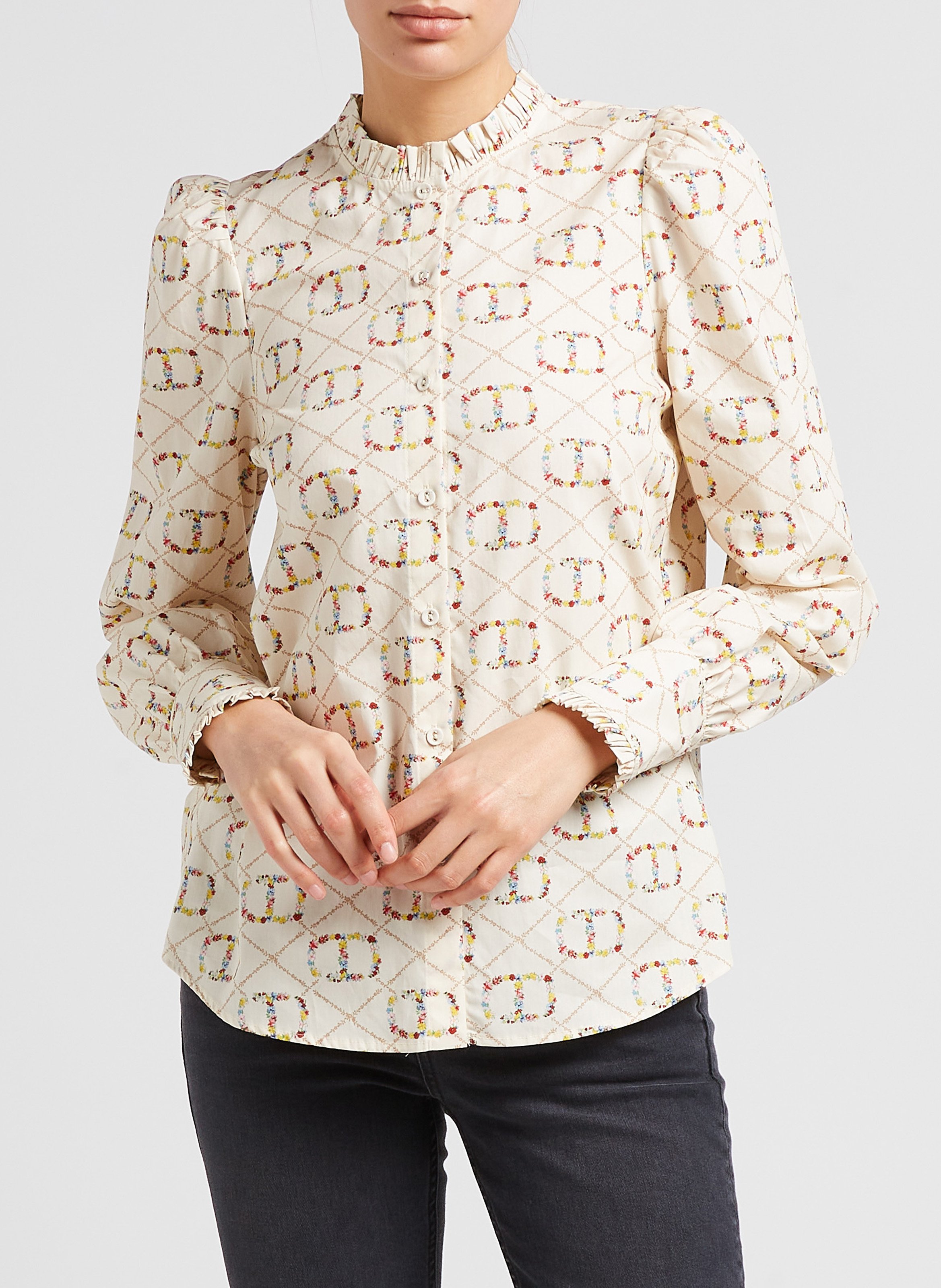 Round-neck printed cotton shirt TWINSET Beige