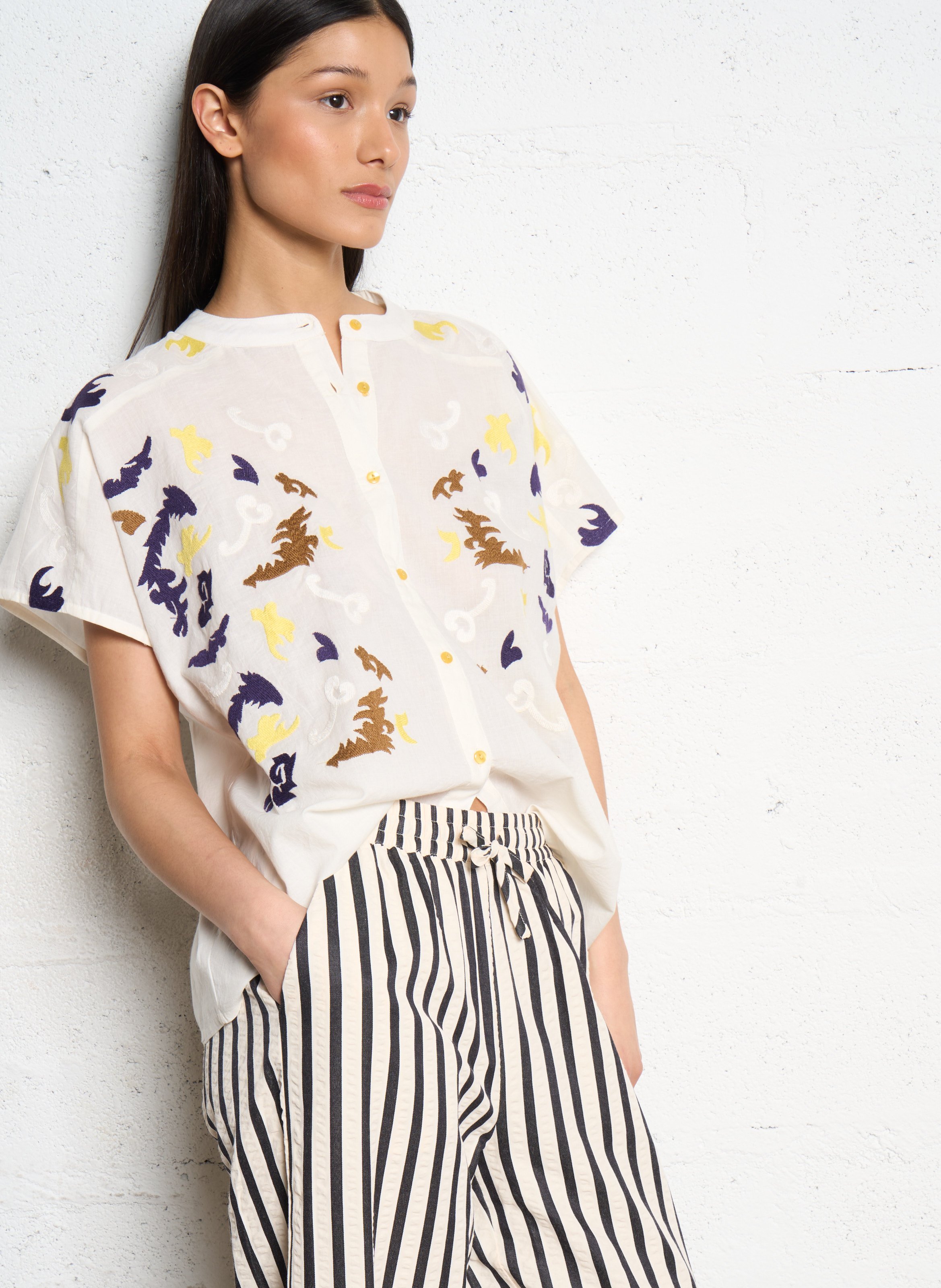 Chemise col rond en coton LOLLYS LAUNDRY Blanc