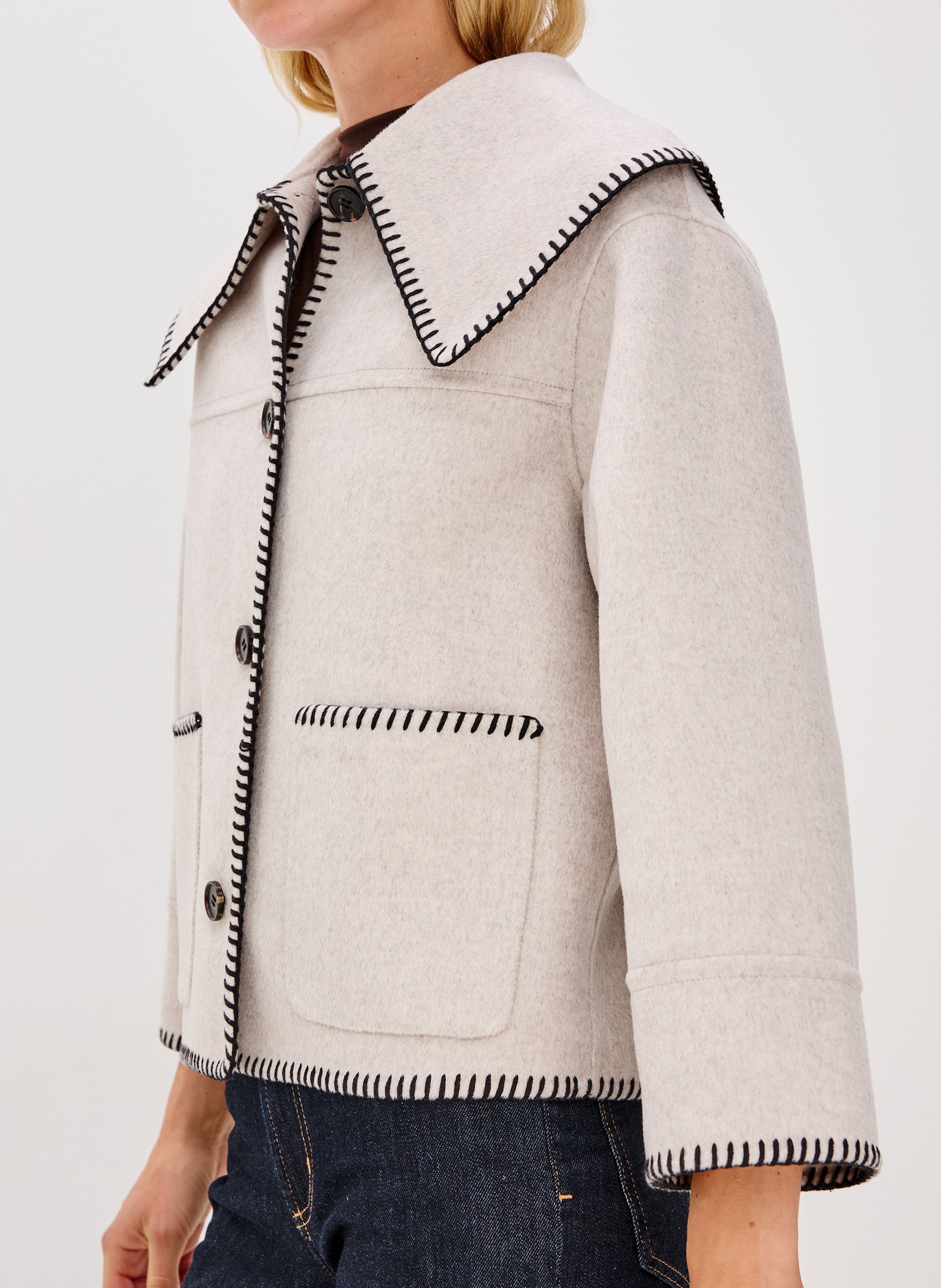 Veste droite unie à broderies en laine mélangée RAILS Beige