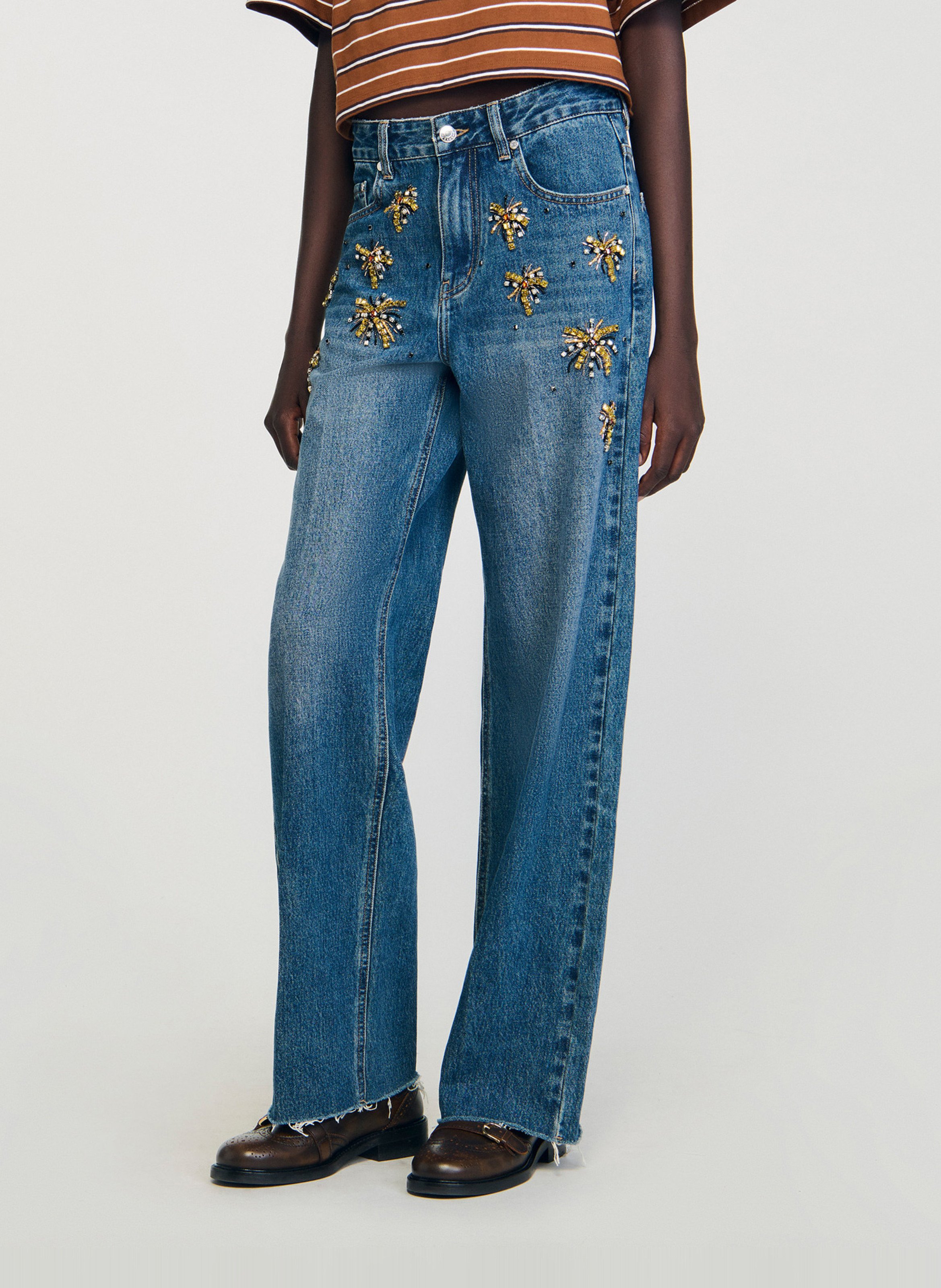 Jean droit à broderies sequins SANDRO Bleu