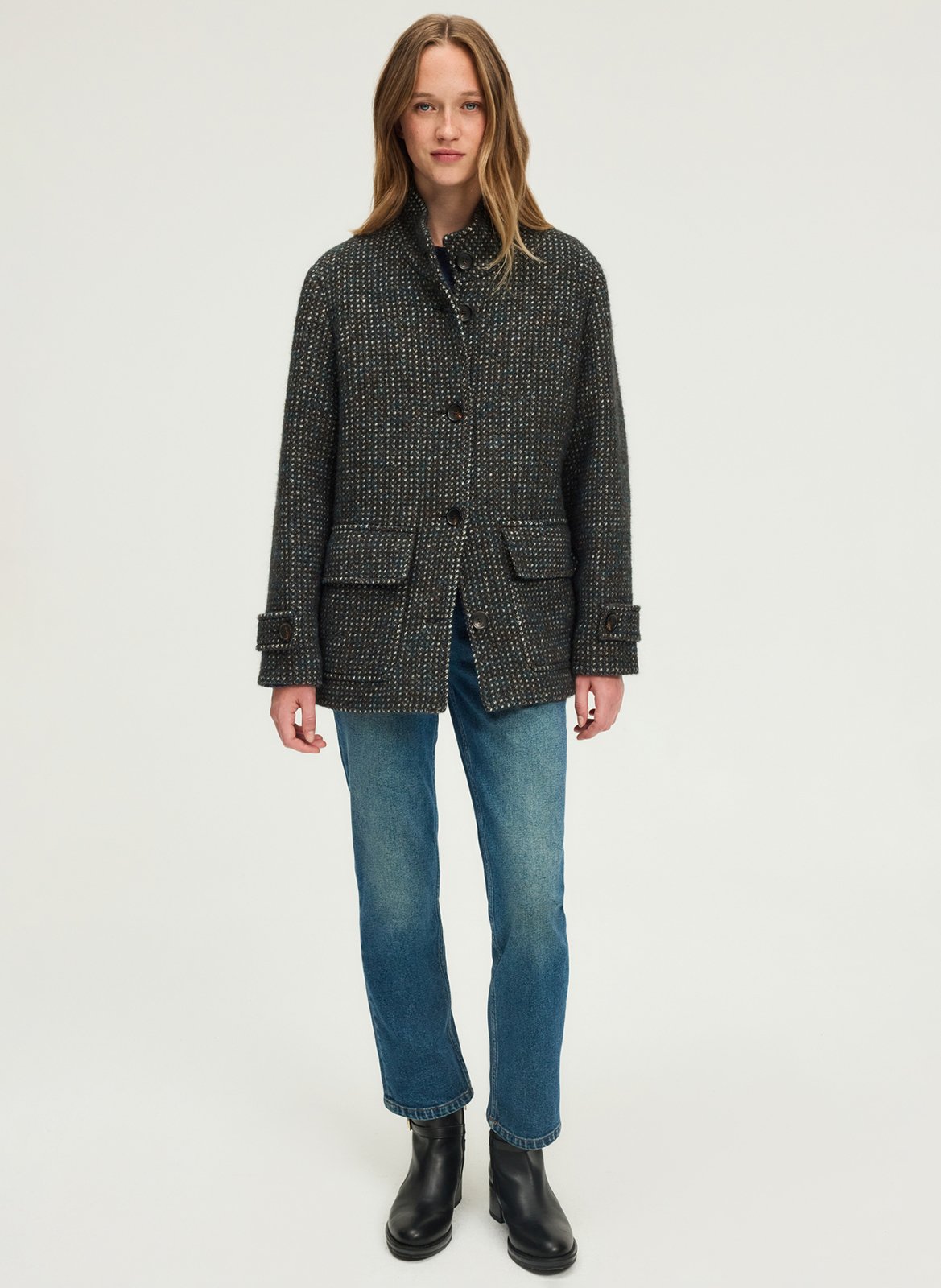 Manteau droit col montant à motifs PABLO Marron