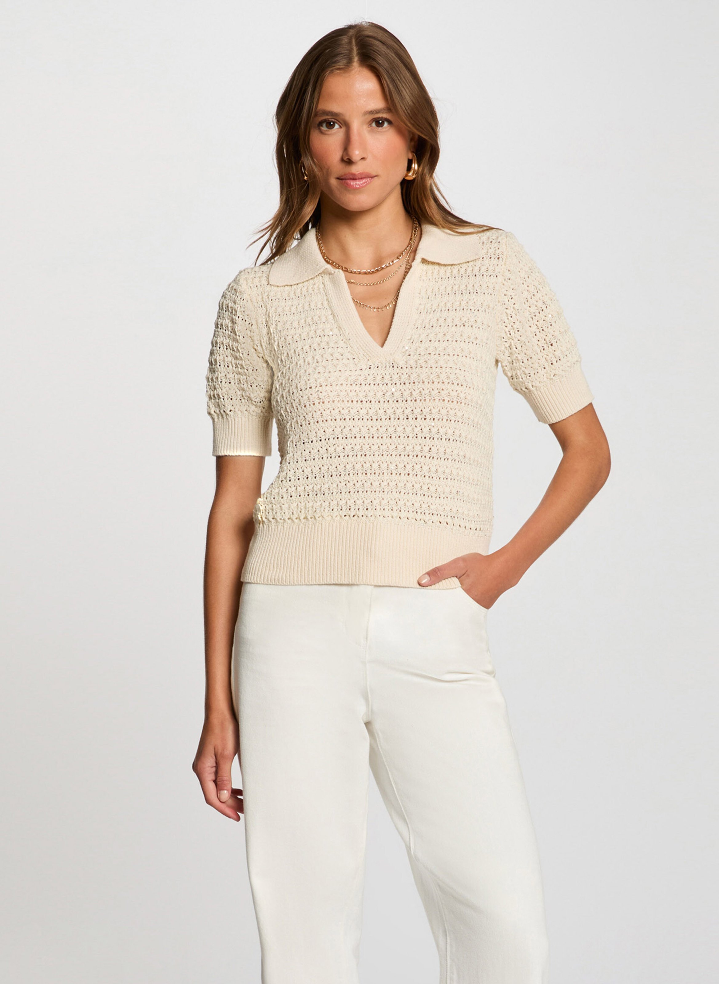 Pull col polo en coton mélangé MORGAN Beige