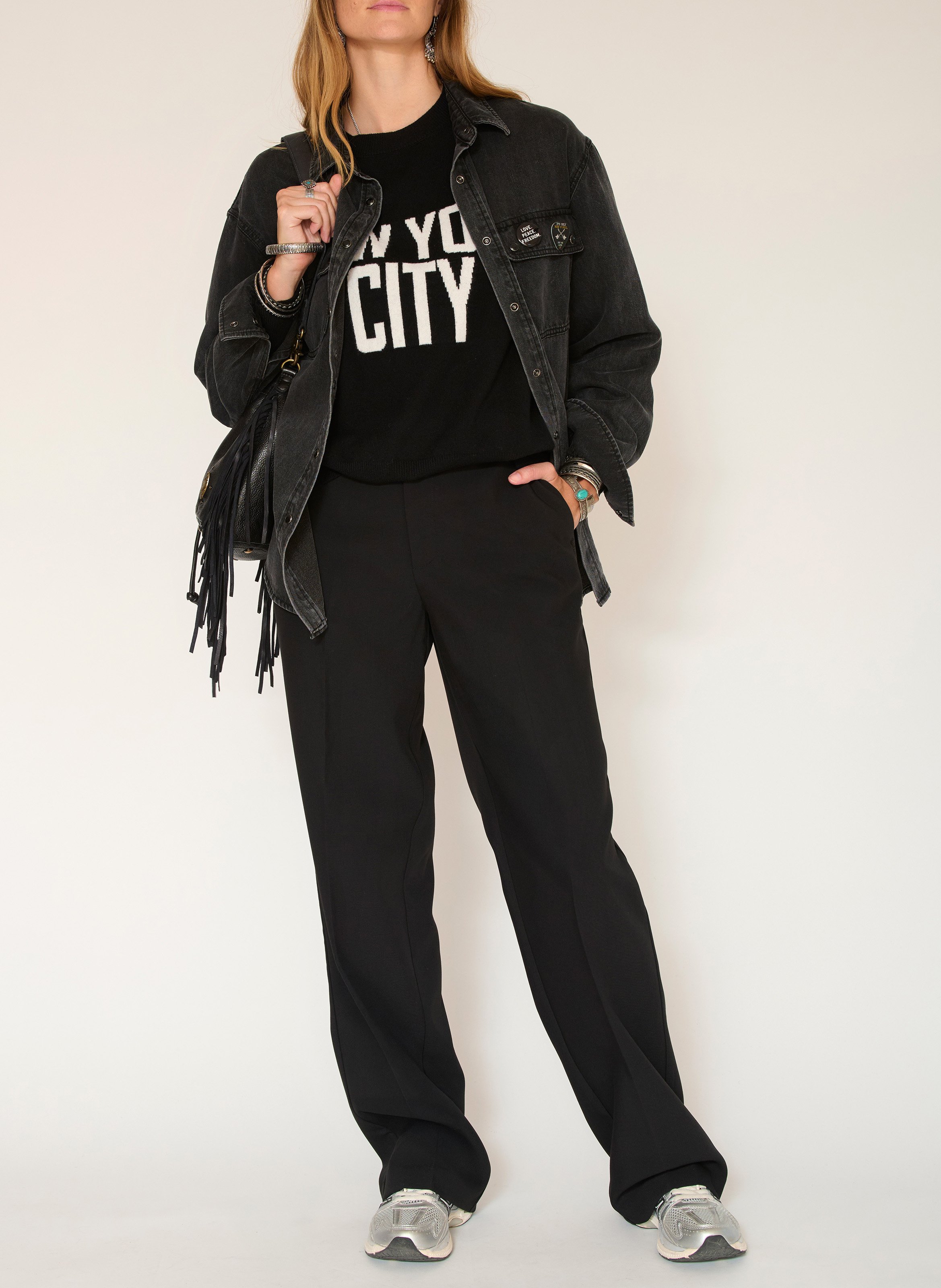 Pull ample col rond jacquard en laine mérinos MKT Noir