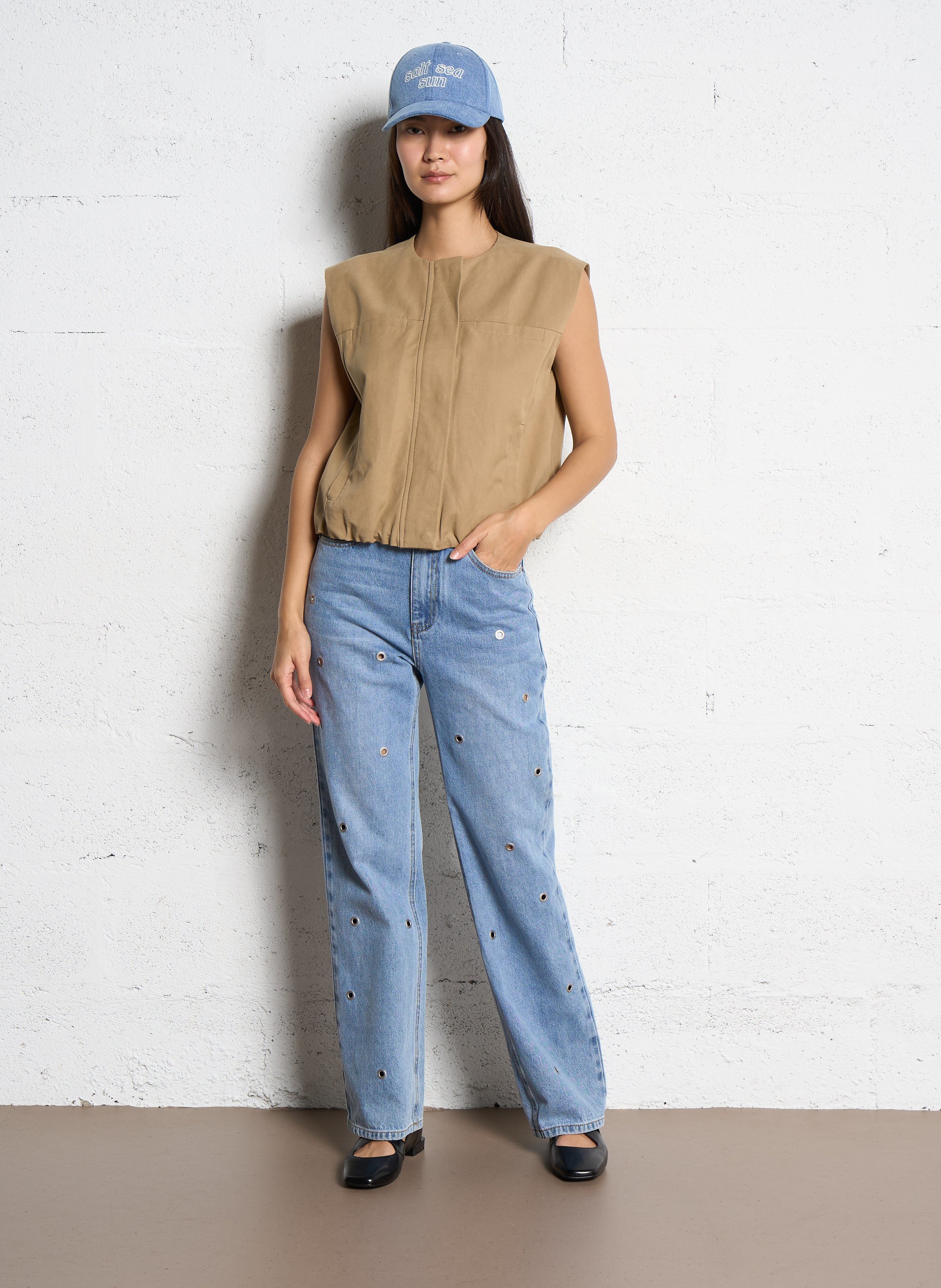 Veste droite col rond en coton SUNCOO Beige