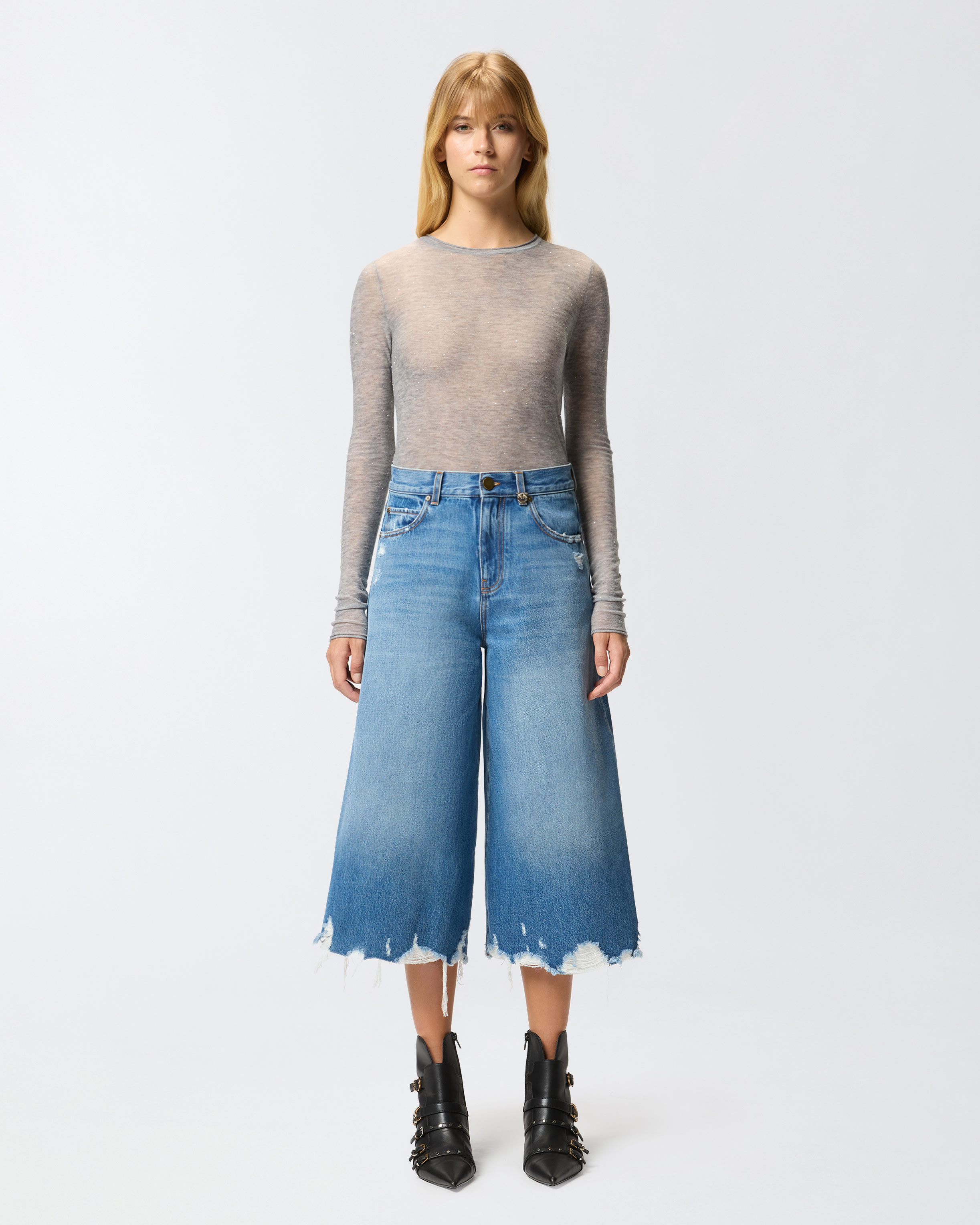 Long denim bermuda with frayed hems PINKO Blue