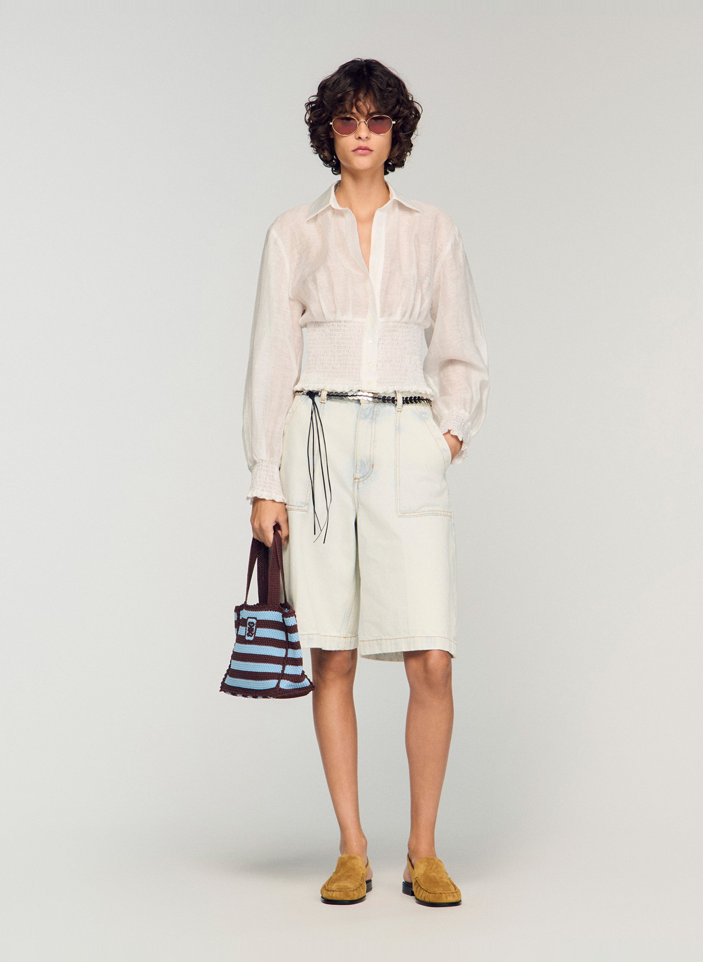 Chemise cintrée courte en lin mélangé SANDRO Blanc