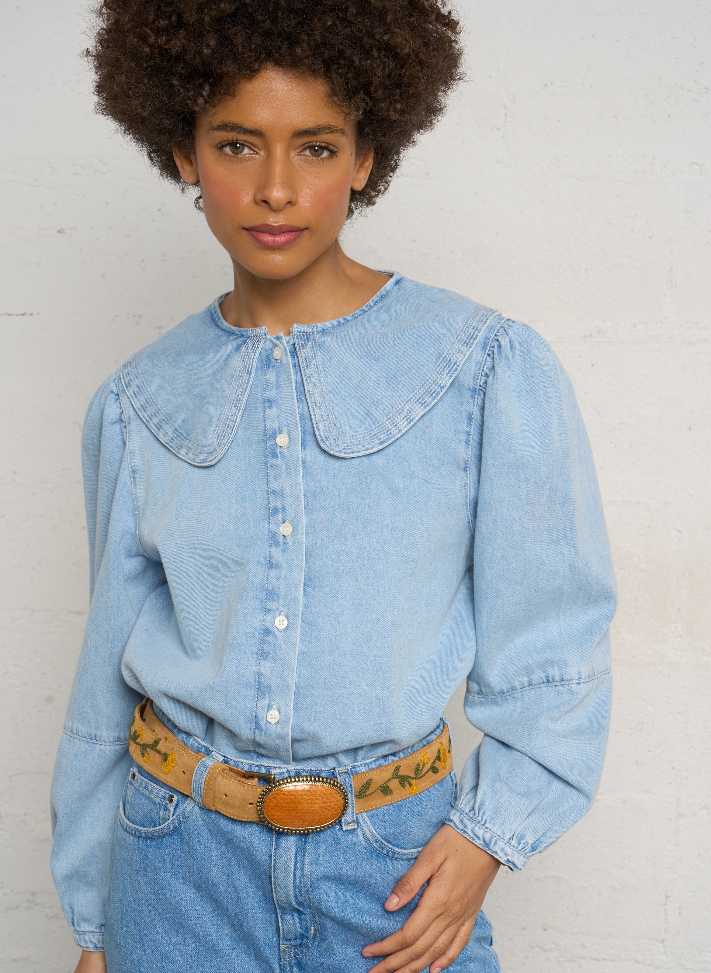 Button-down denim shirt DES PETITS HAUTS Blue