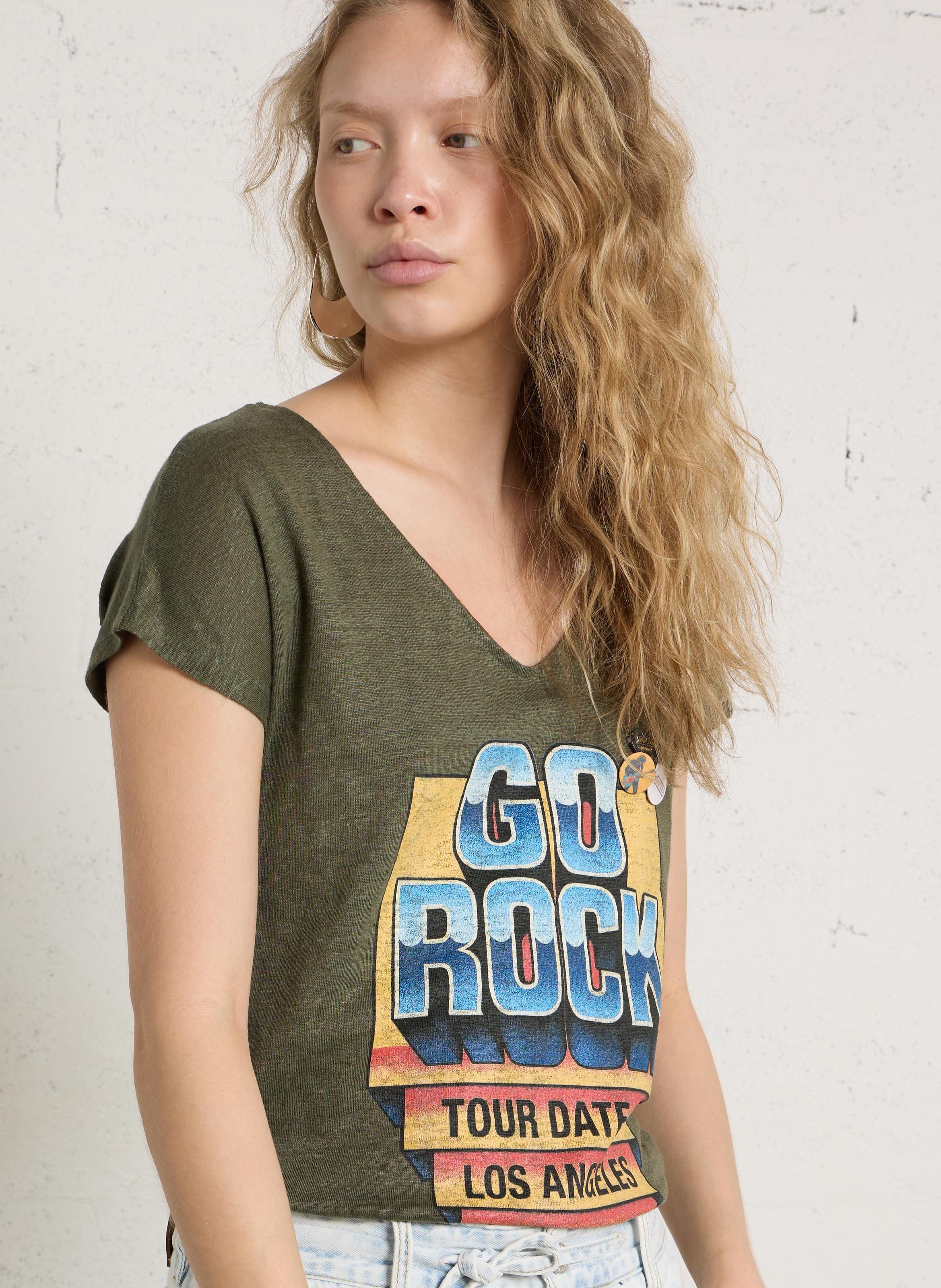 Tee-shirt droit col V en lin NEWTONE Kaki