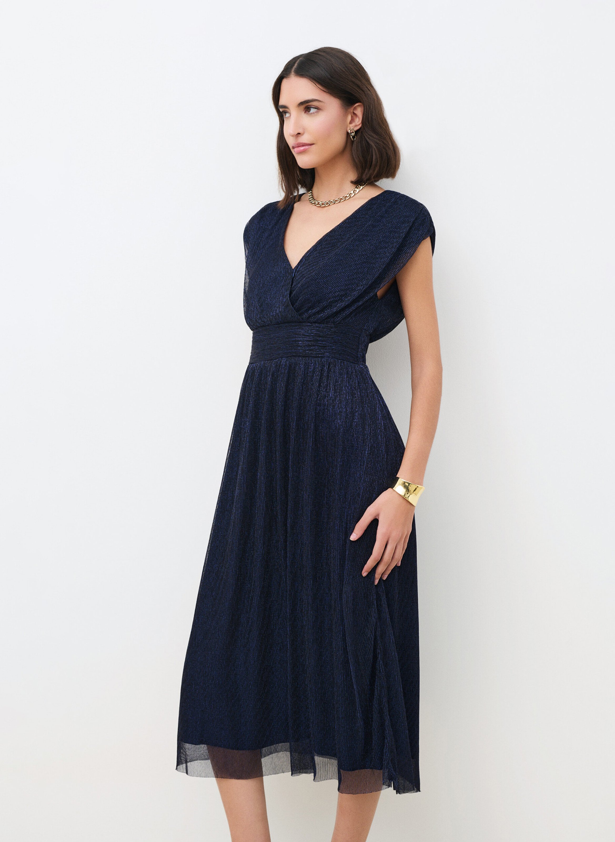 Robe midi col V  CAROLL Bleu
