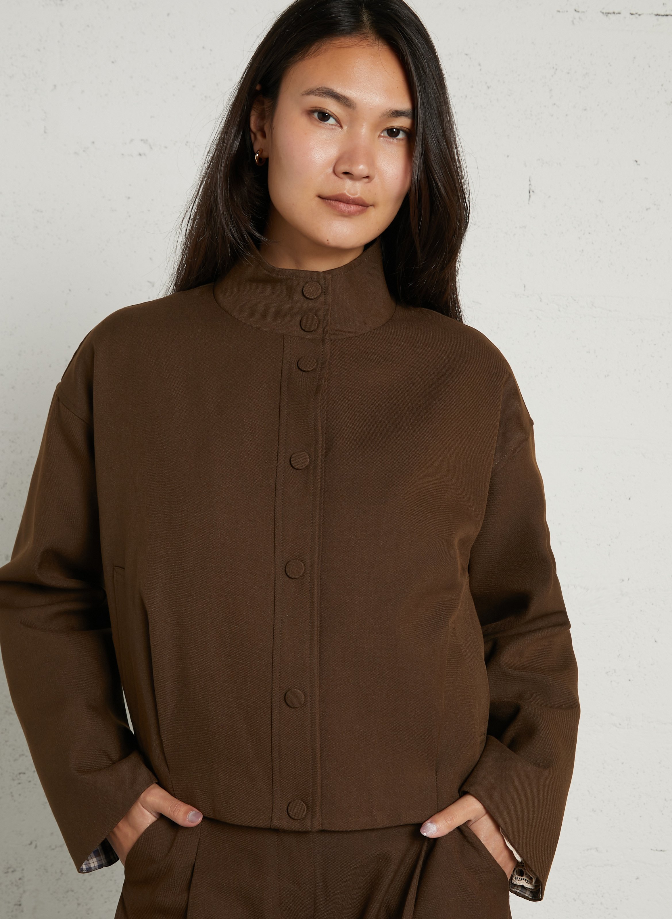 Oversized short solid color jacket SUNCOO Brown