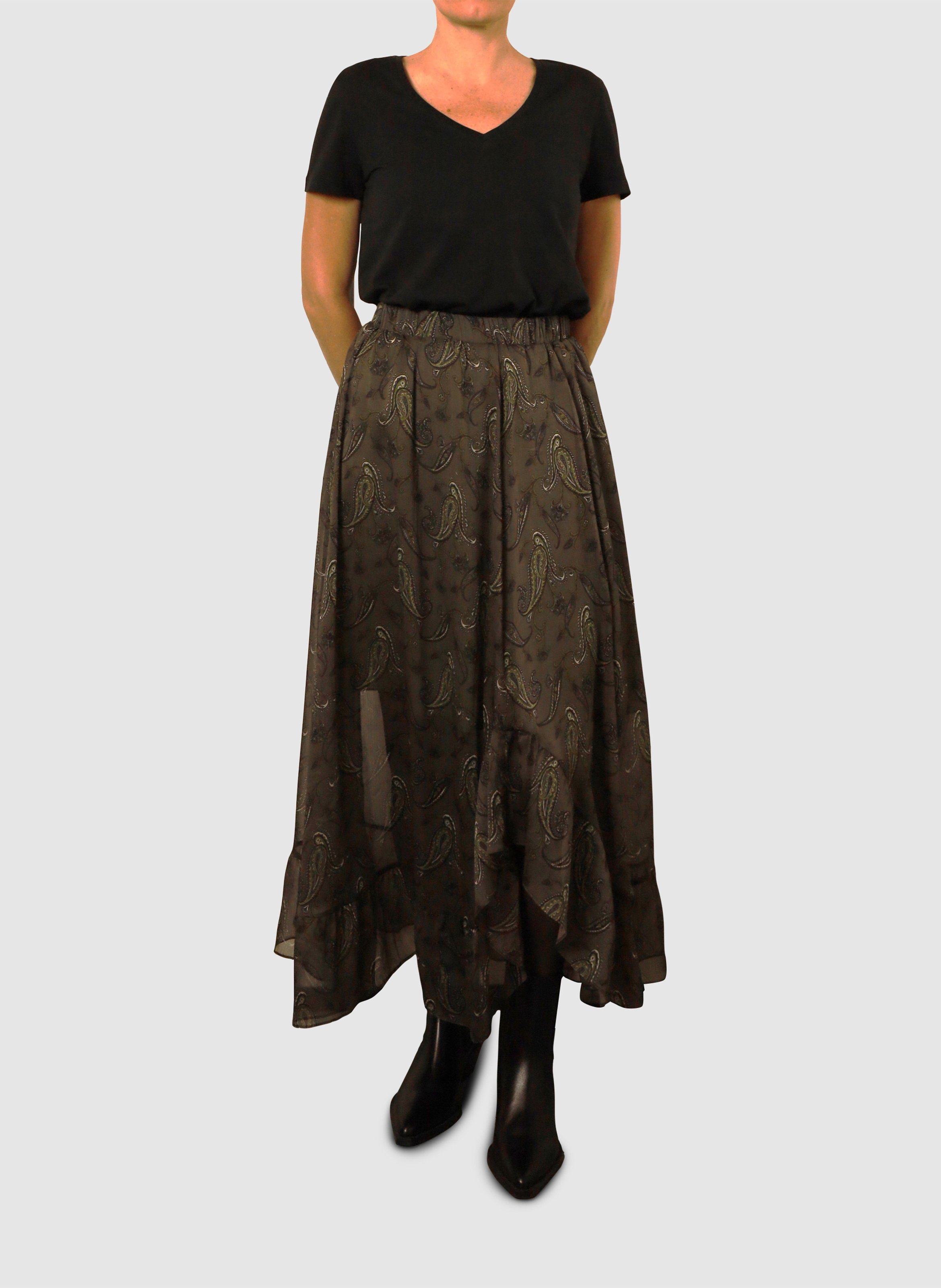 Langer, asymmetrischer Rock mit Print IKKS Khaki
