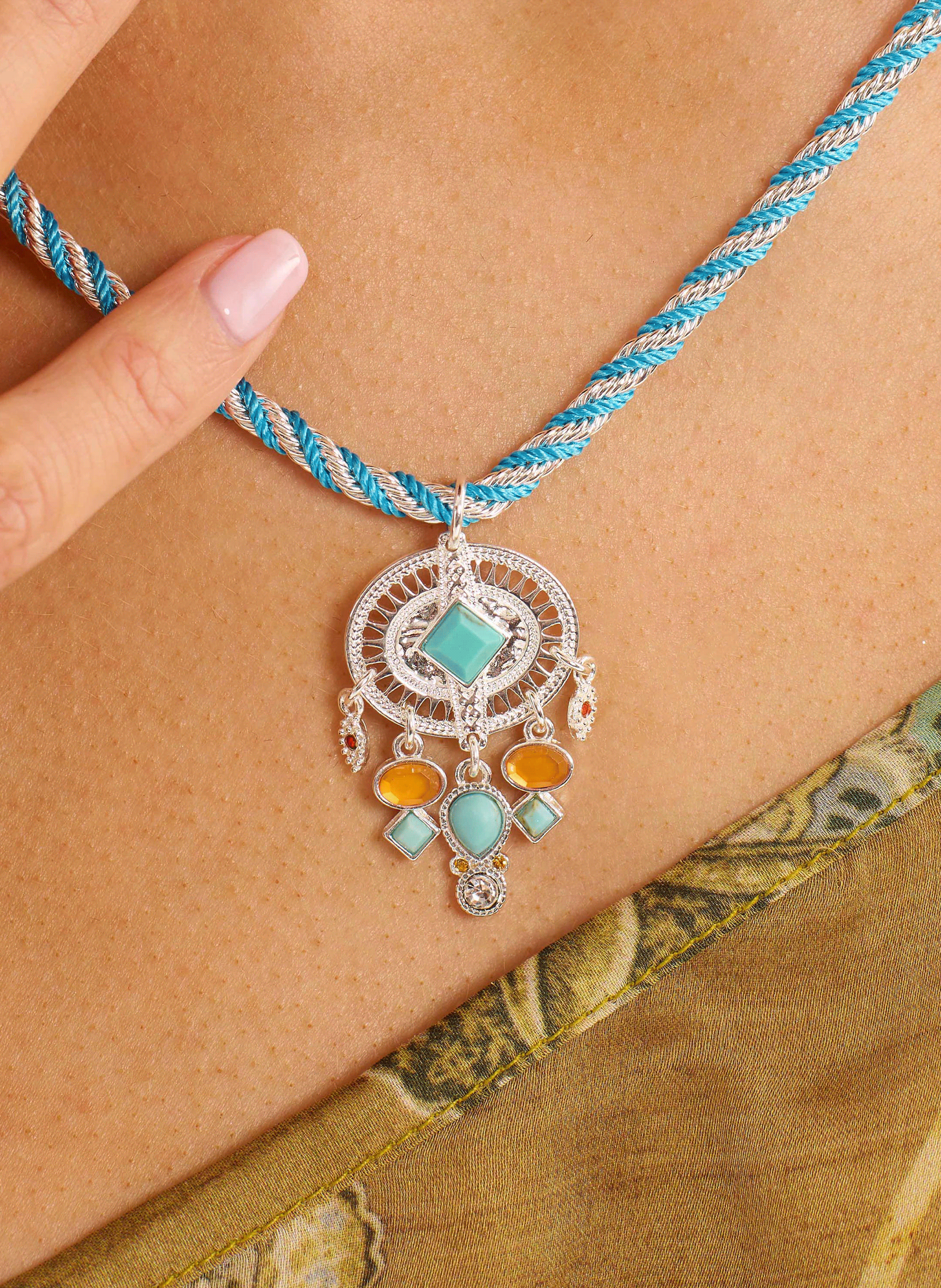 Adjustable cord necklace with central cabochon HIPANEMA Silver