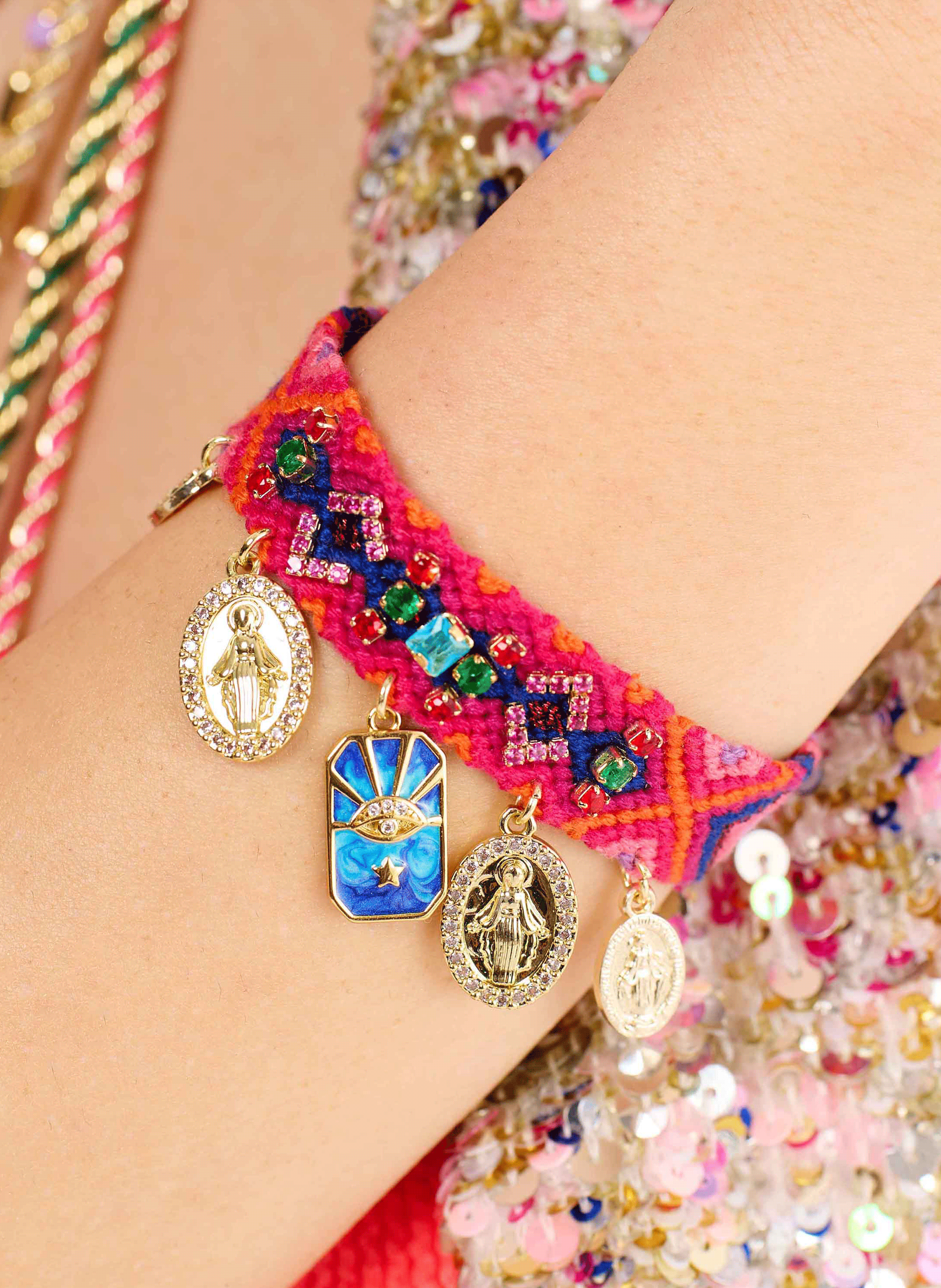 Woven bracelet with beads and charms HIPANEMA Pink