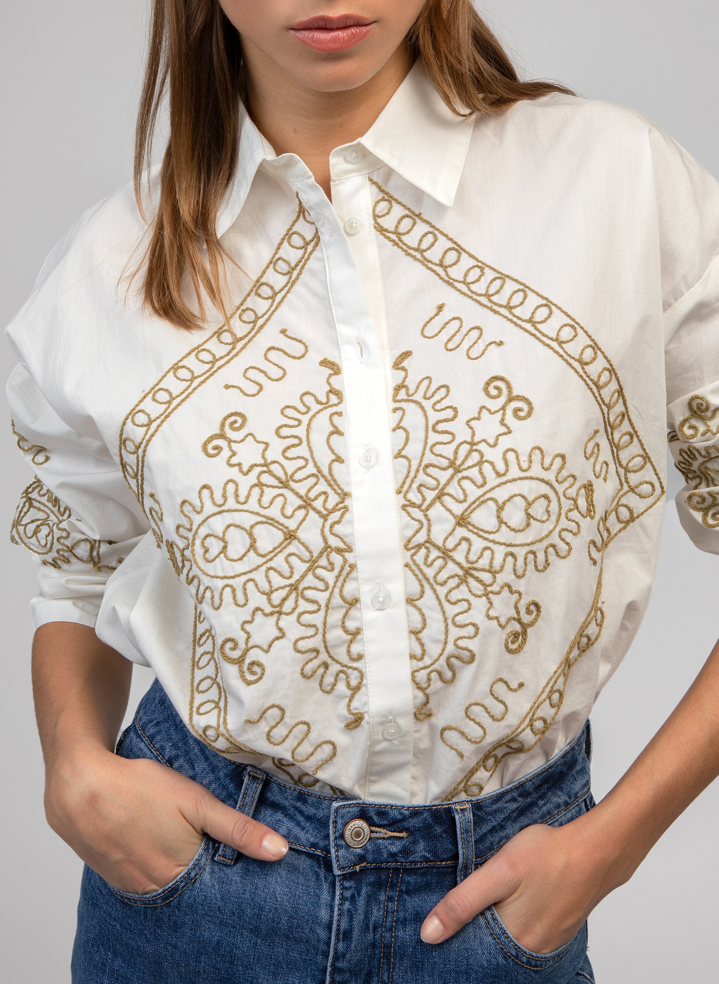 Straight embroidered cotton shirt AN'GE Beige