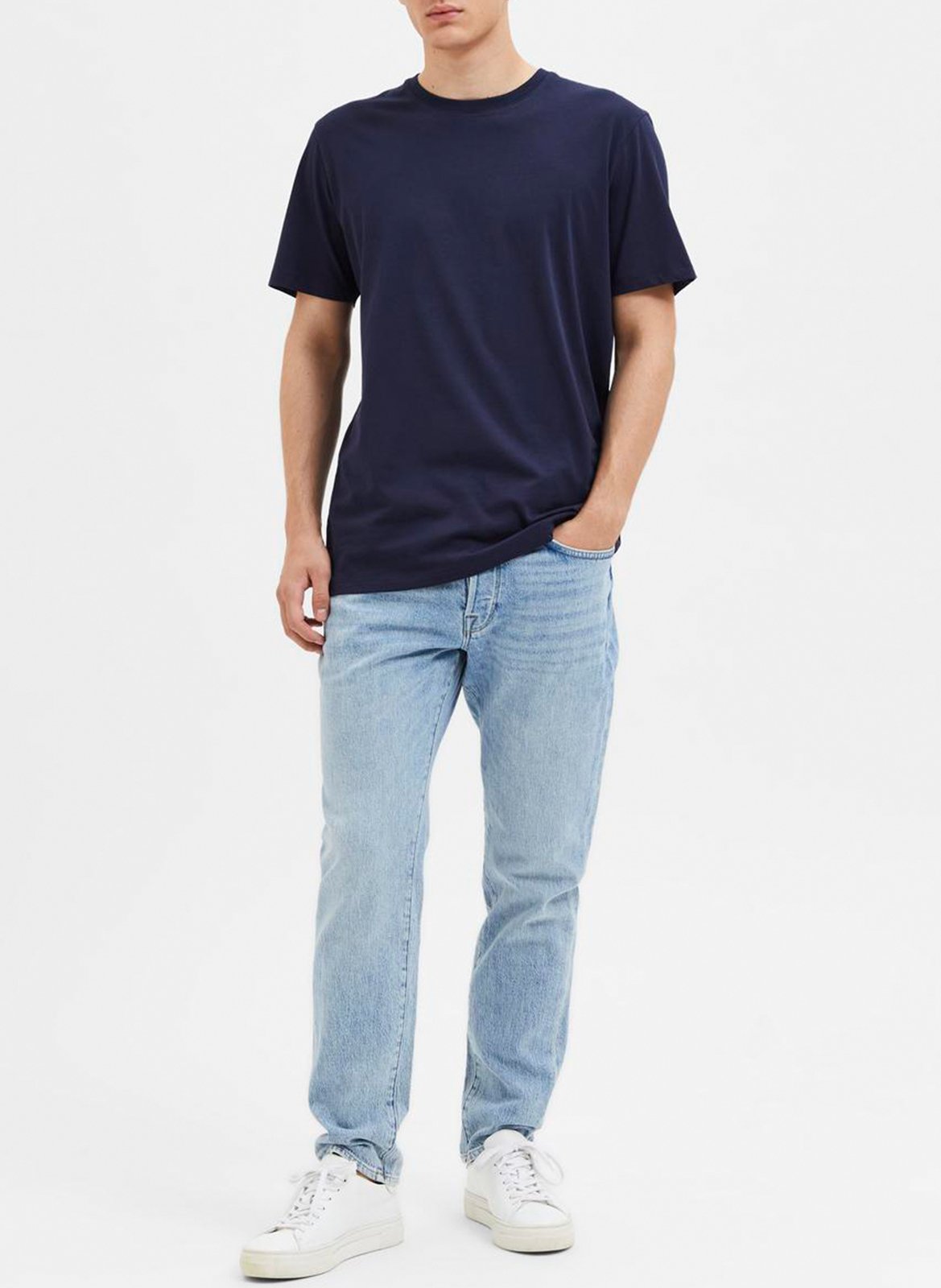 Tee-shirt droit col rond en coton Bleu