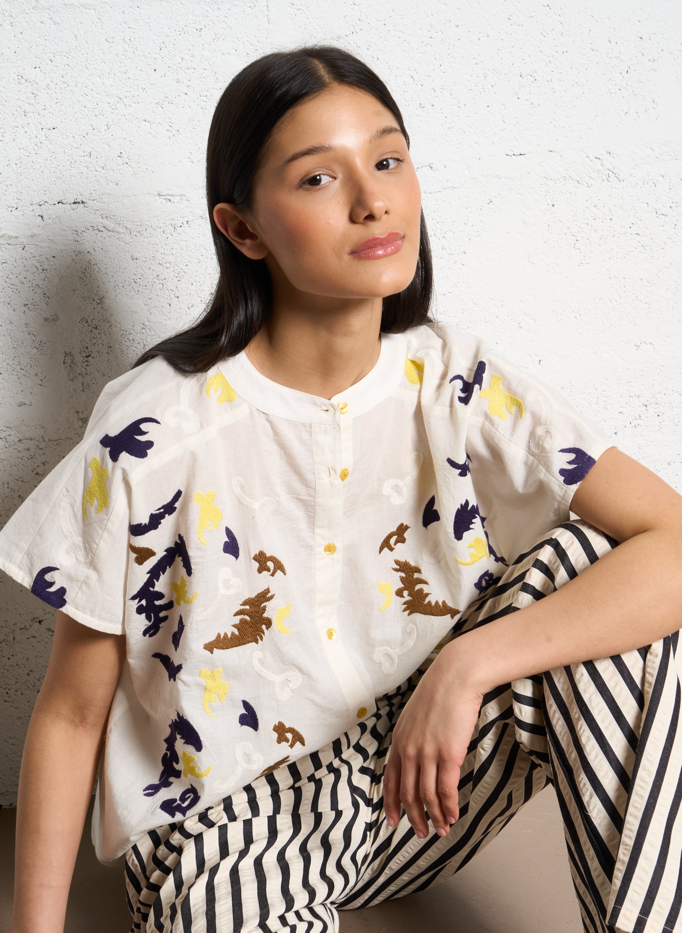 Chemise col rond en coton LOLLYS LAUNDRY Blanc