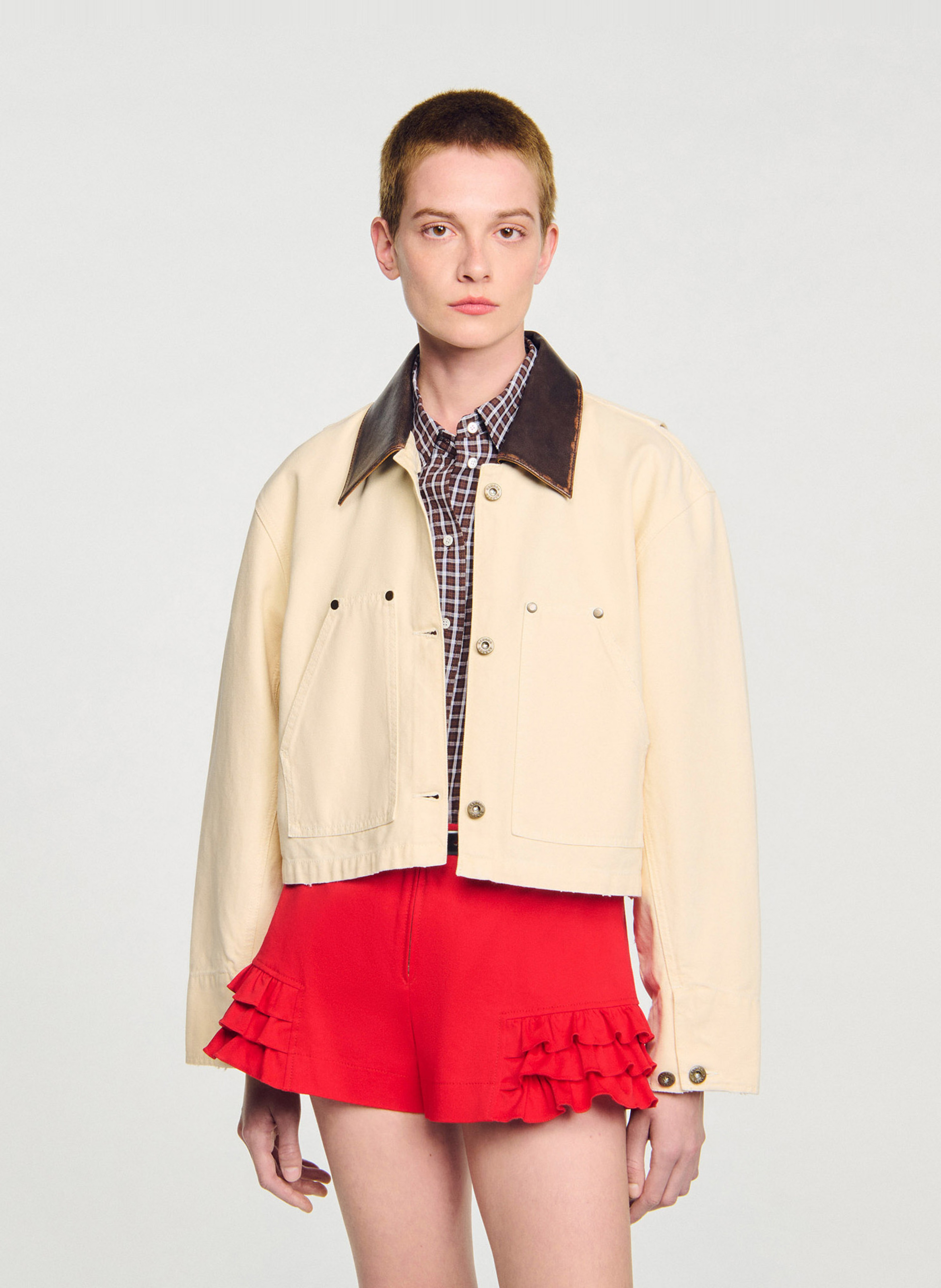 Leren jack met klassieke kraag SANDRO Wit