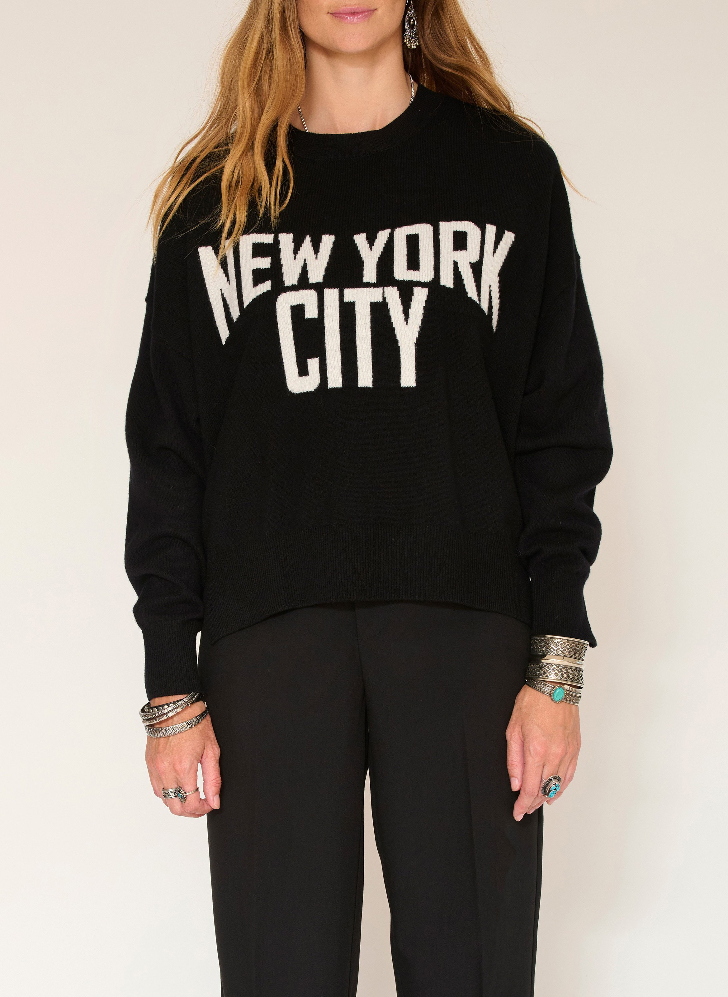 Pull ample col rond jacquard en laine mérinos MKT Noir