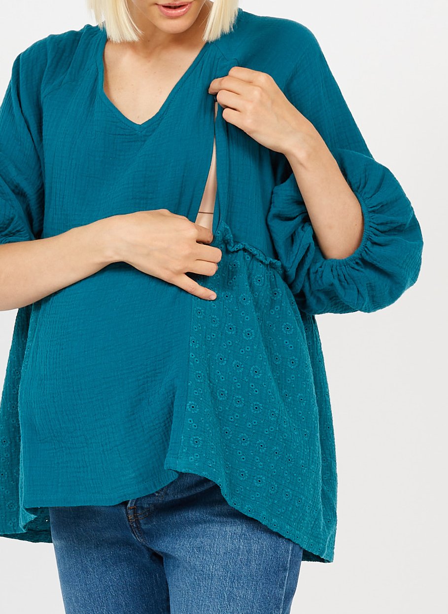 Cotton V-neck maternity top with 3/4 sleeves Blue