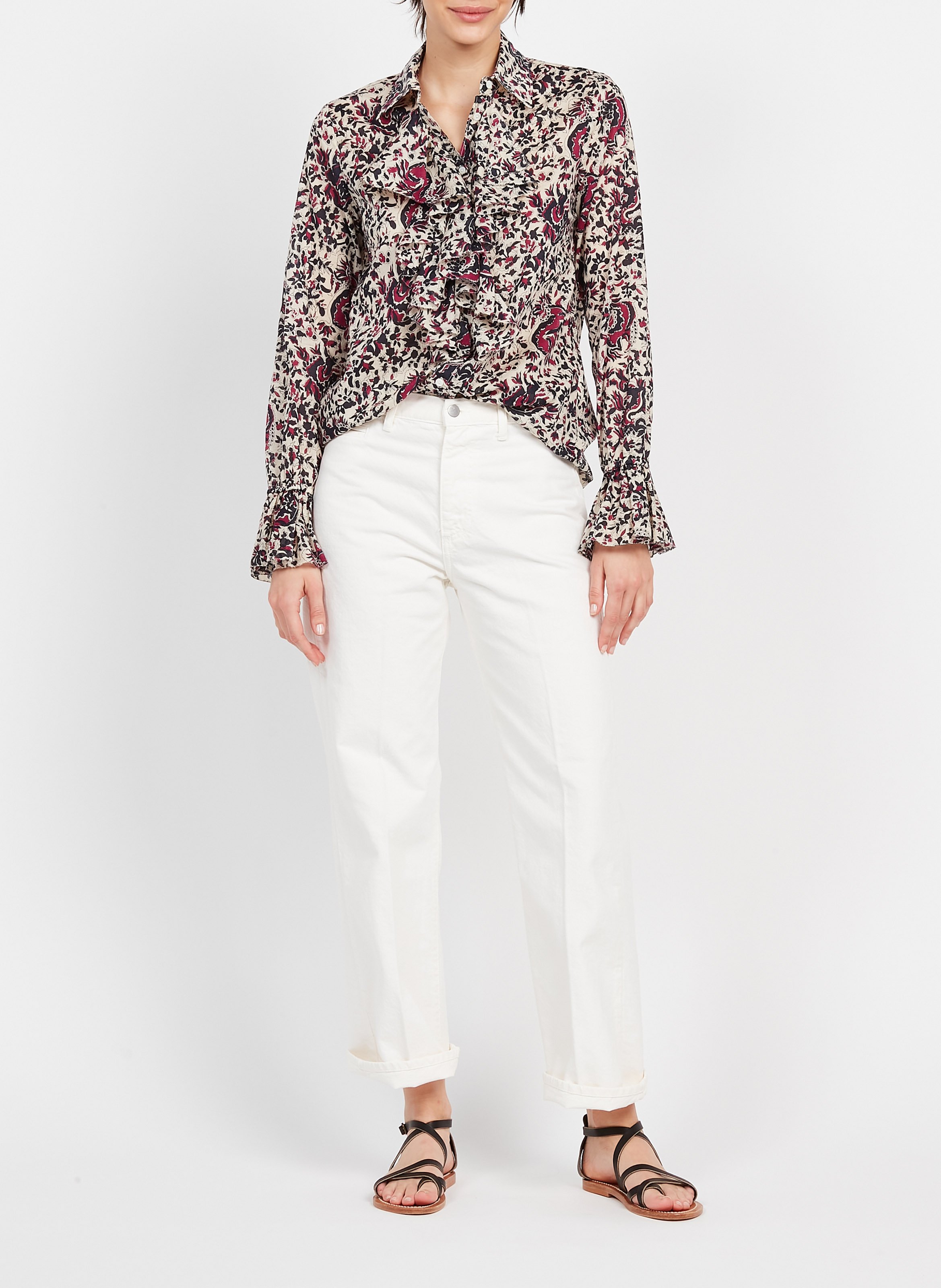 Chemise col classique imprimé floral à volants en coton  DIEGA Beige