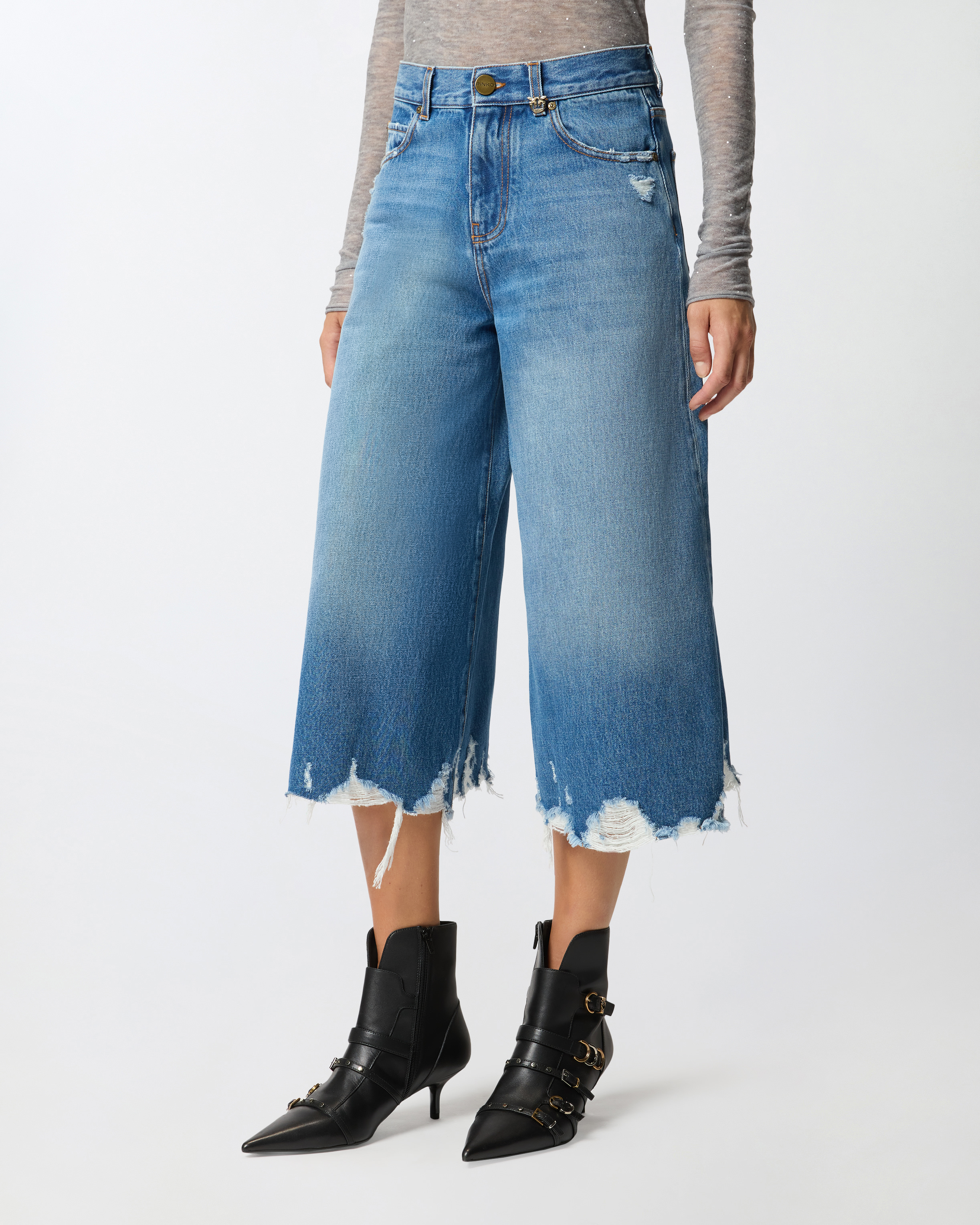 Long denim bermuda with frayed hems PINKO Blue