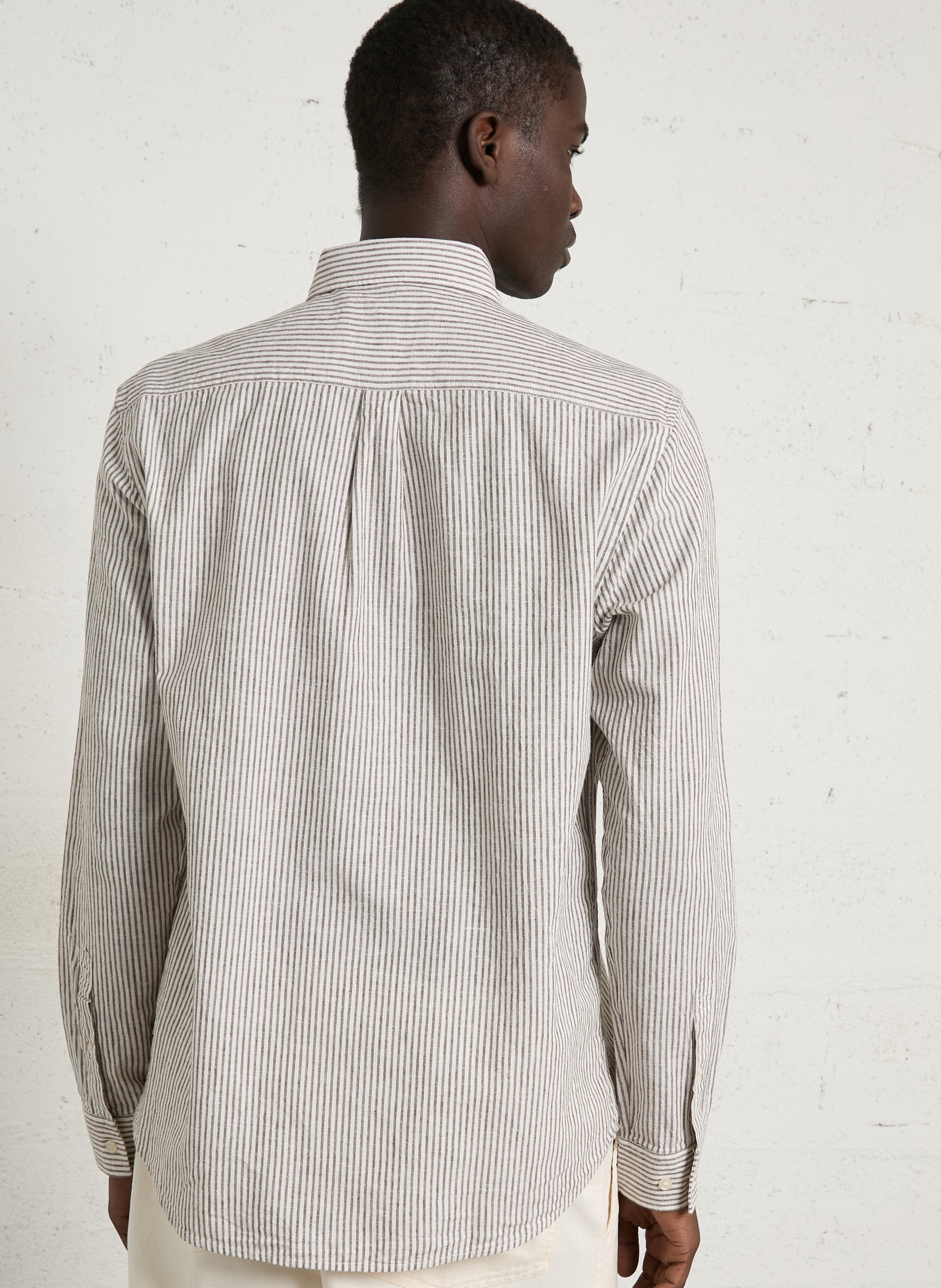 Chemise droite col américain rayée en coton et lin LES DEUX Marron