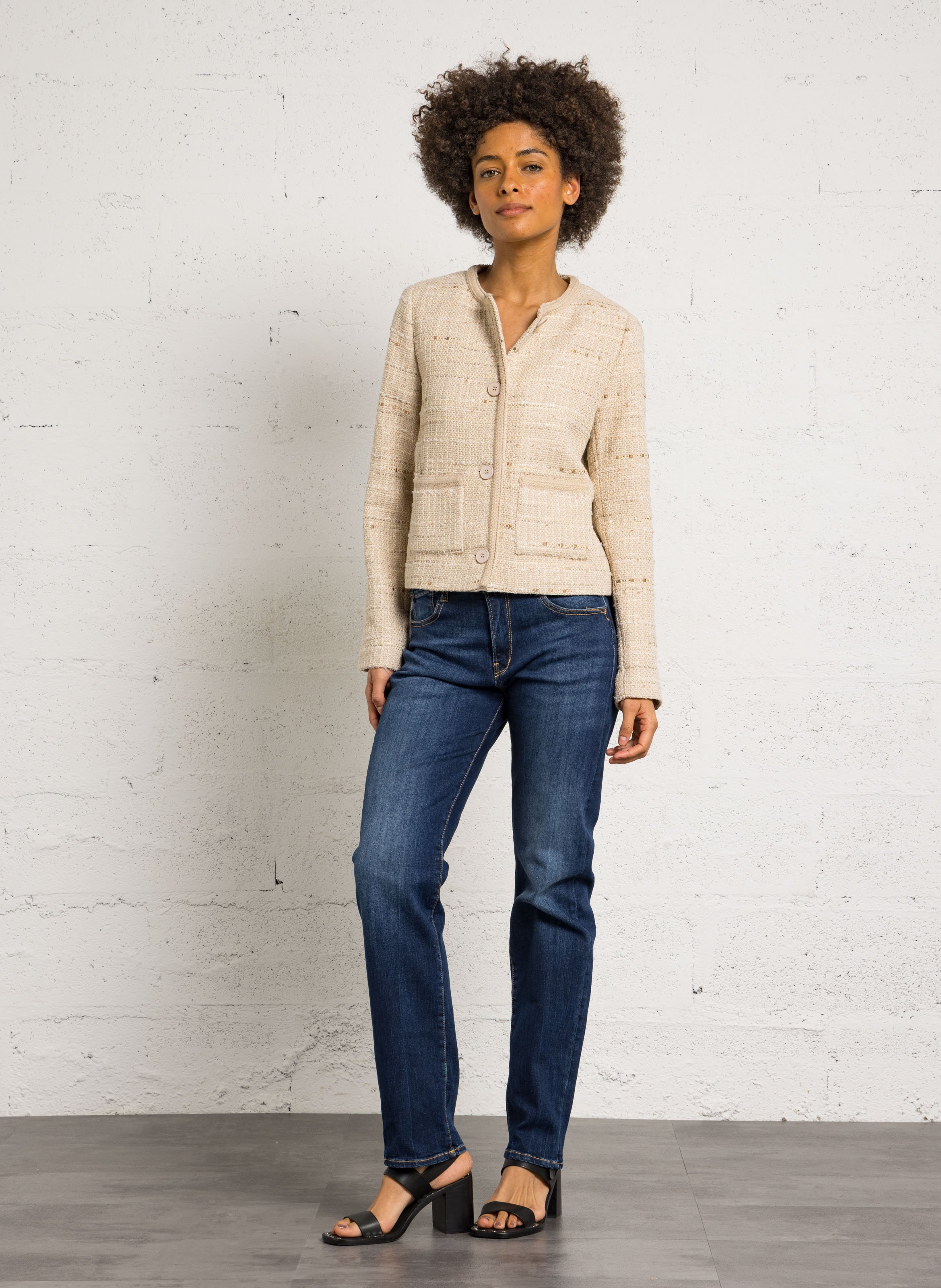 Straight cotton-blend jacket with round neck SUD EXPRESS Beige