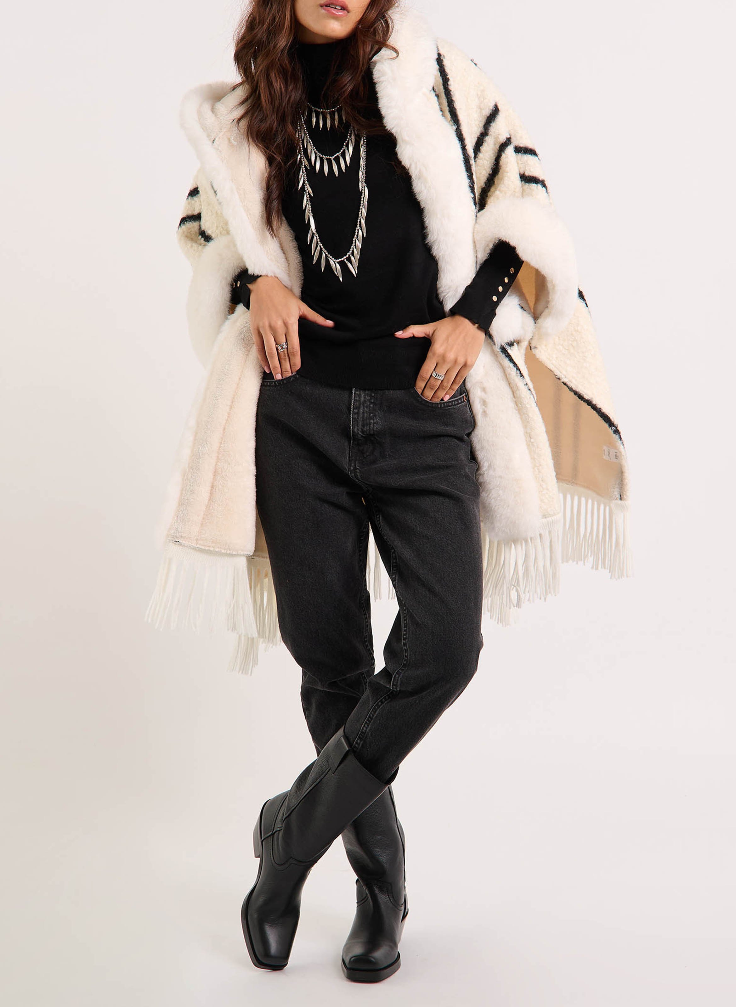 Poncho oversize à capuche rayé WILD Weiss