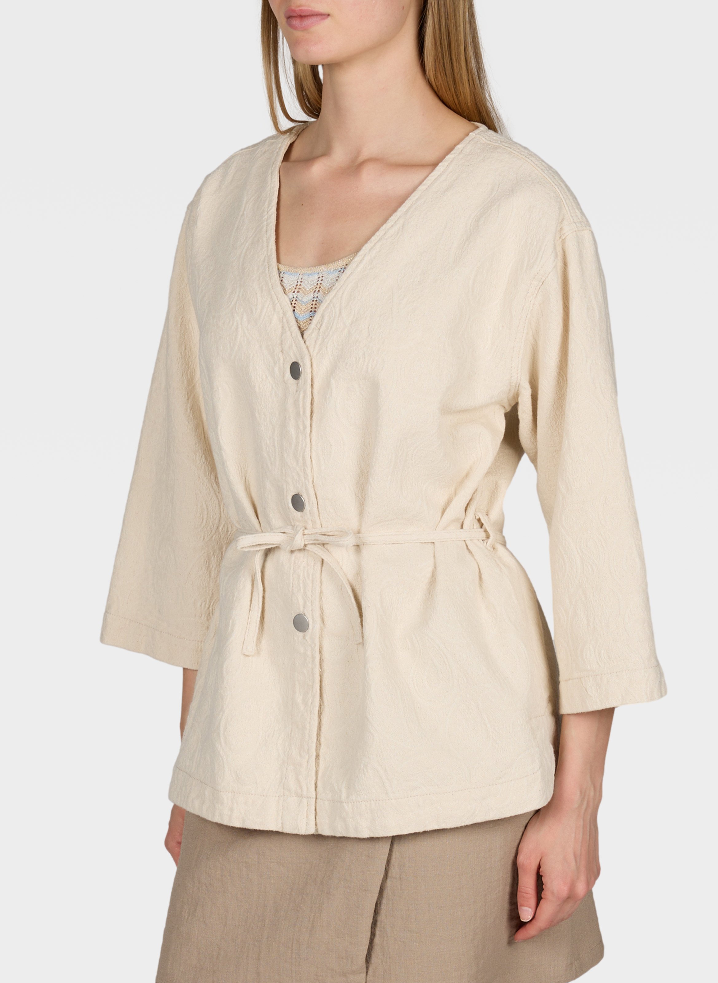 Veste droite col V en coton bio et coton OBJECT Beige