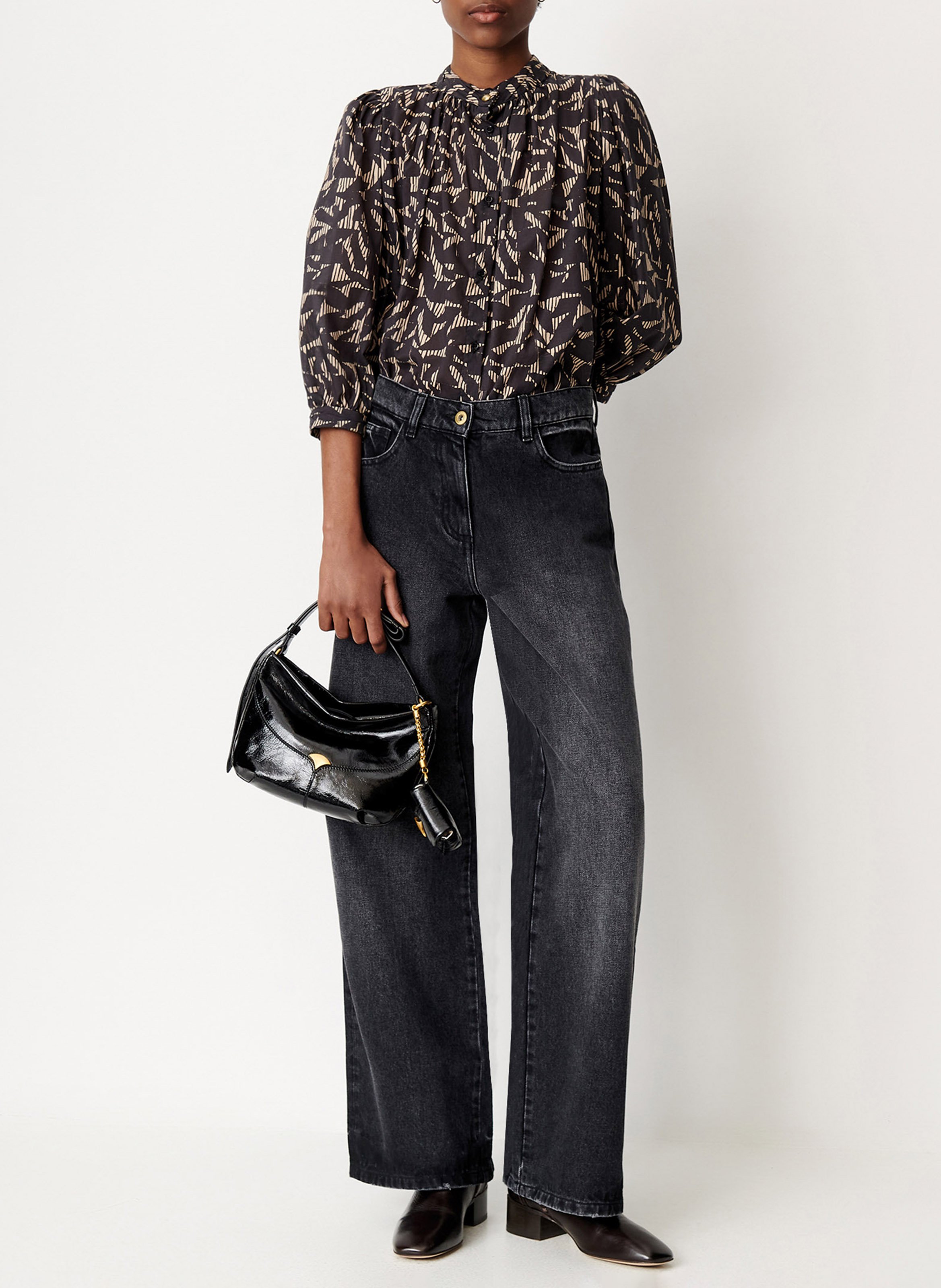 Straight-cut satin high-neck blouse SESSUN Black