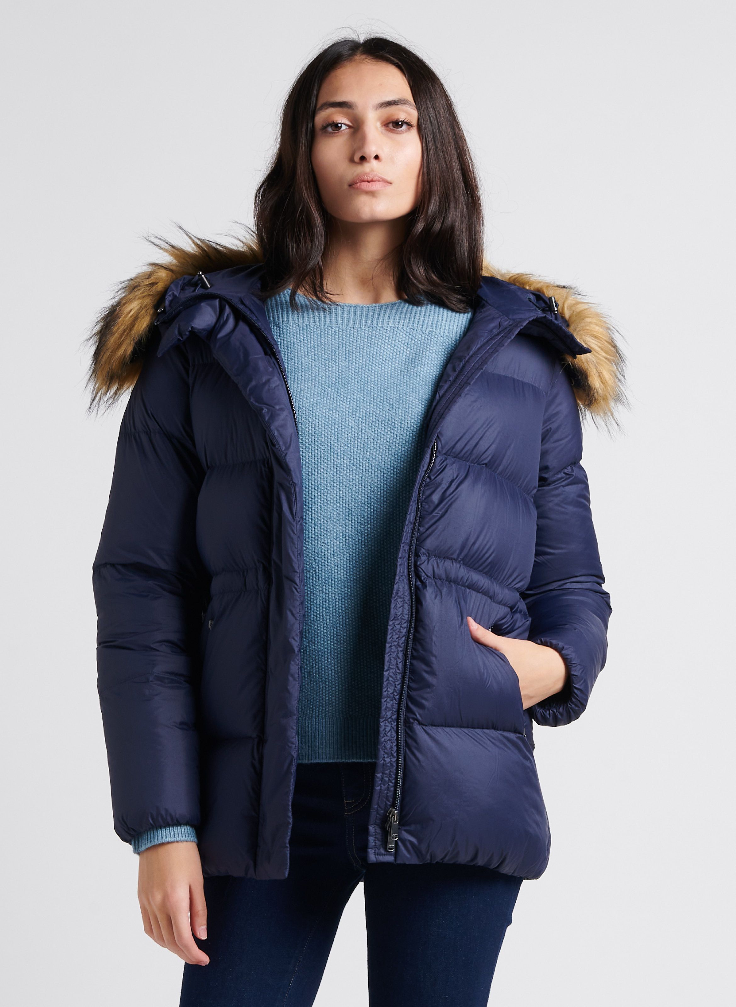 Blue Straight down jacket with hood