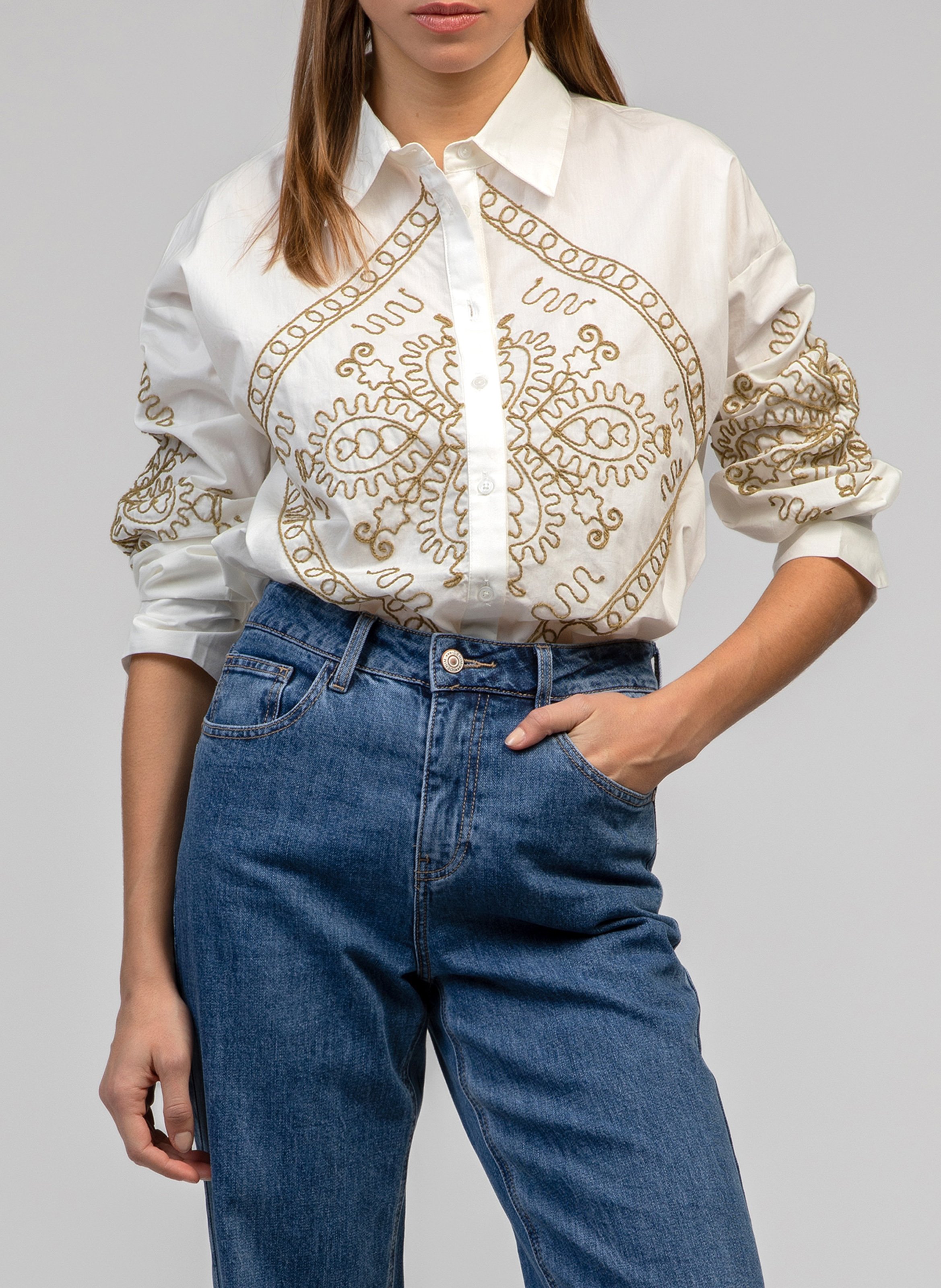 Straight embroidered cotton shirt AN'GE Beige