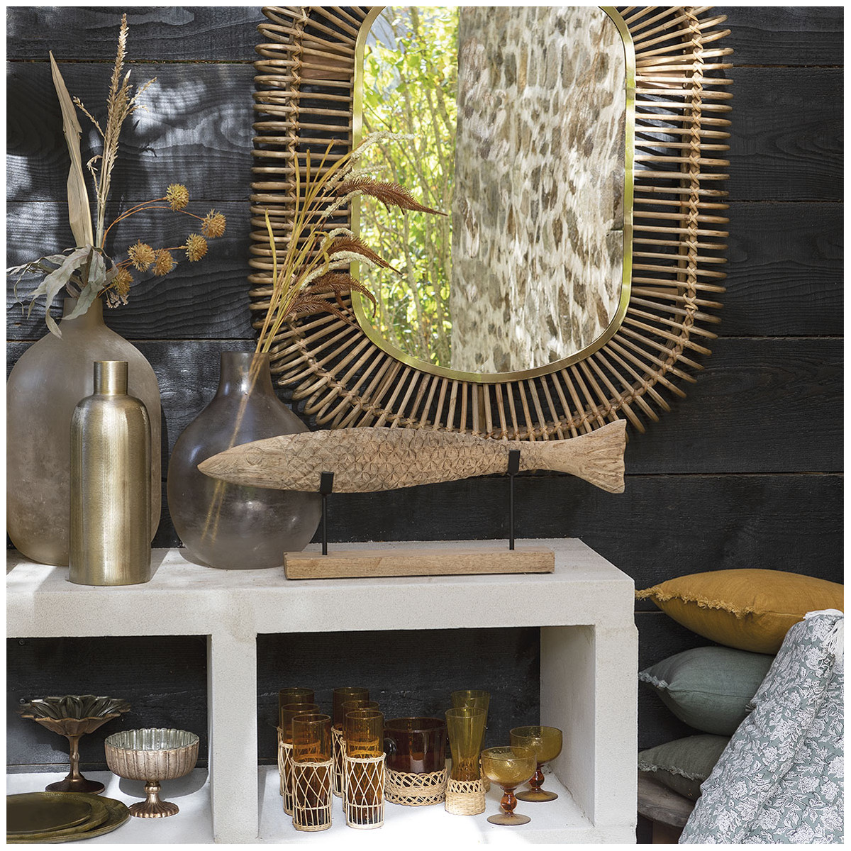 Fish statue in mango wood and metal - large model BLANC D'IVOIRE Beige