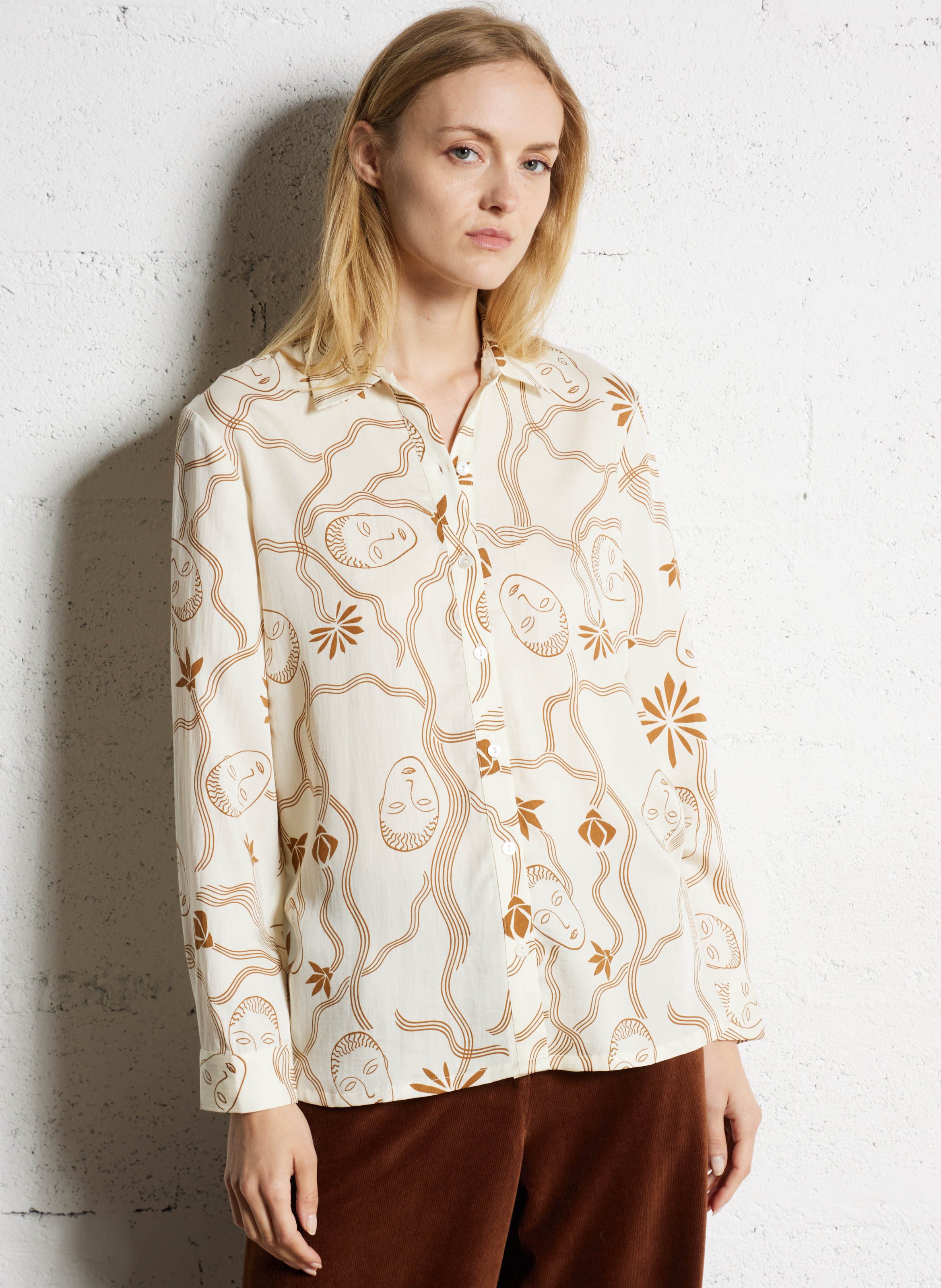 Printed loose-fit shirt with classic collar NICE THINGS Beige