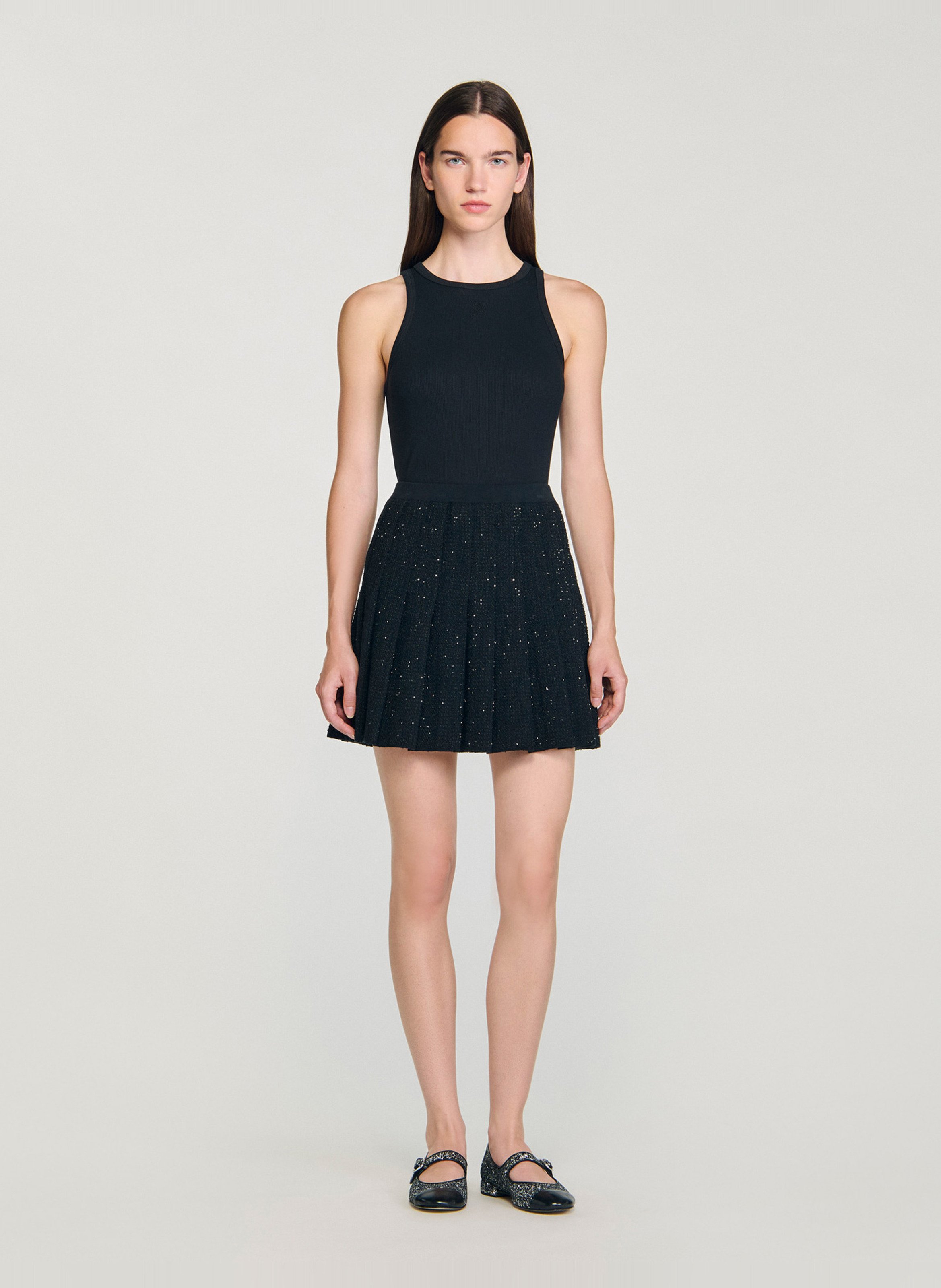 Short pleated tweed skirt with sequins SANDRO Black