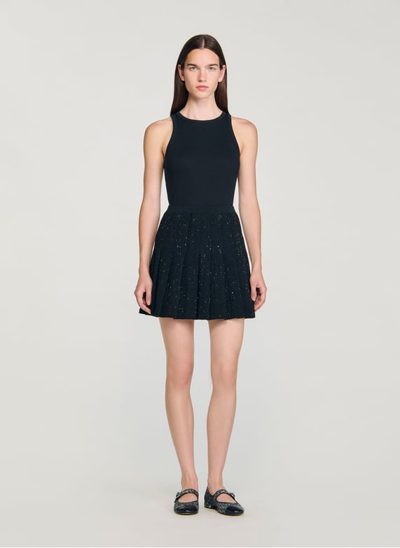 Jupe courte plissée en tweed à sequins Noir Sandro Femme Place