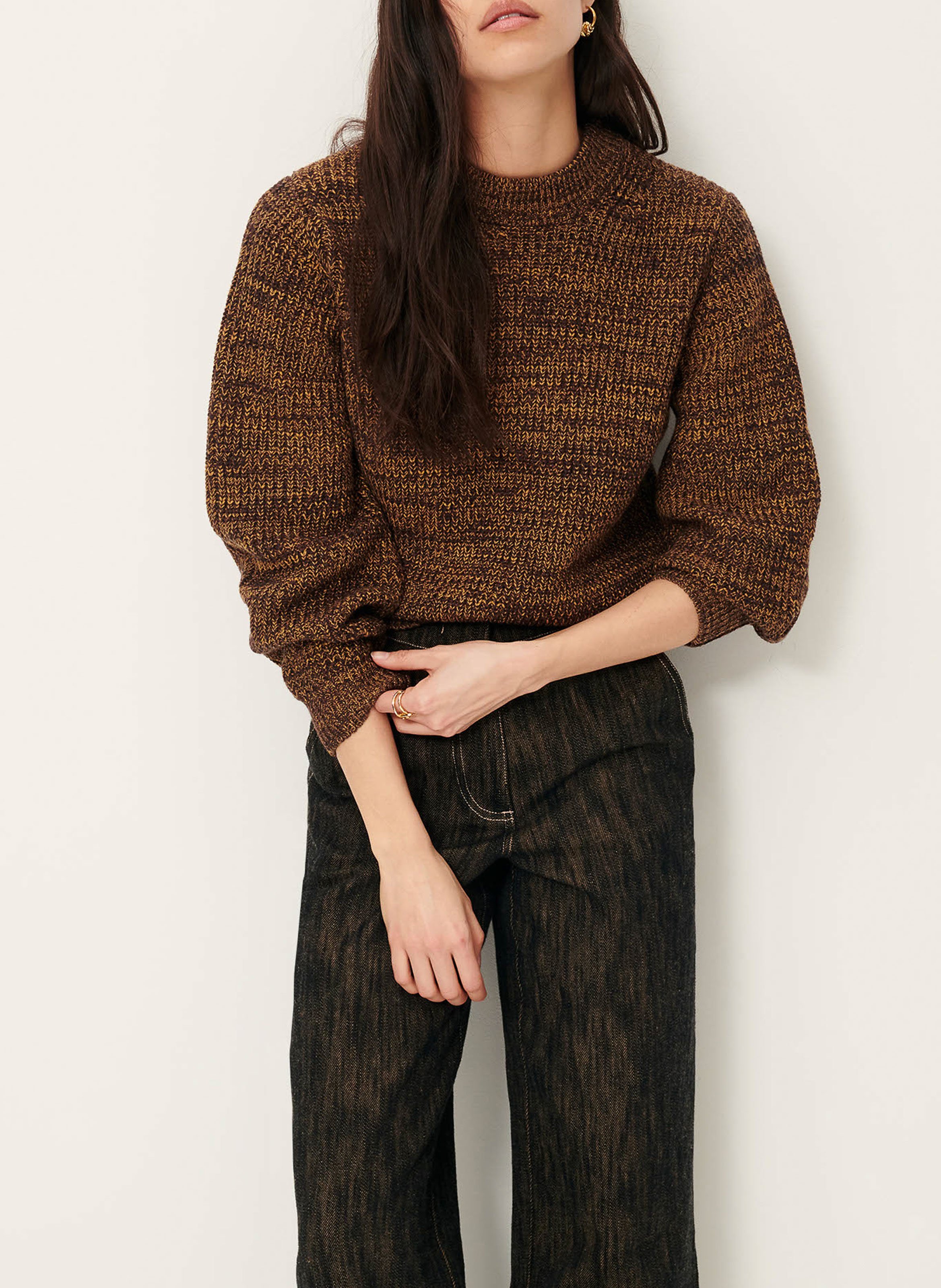 Pull ajusté col rond en maille mélangée SESSUN Marron