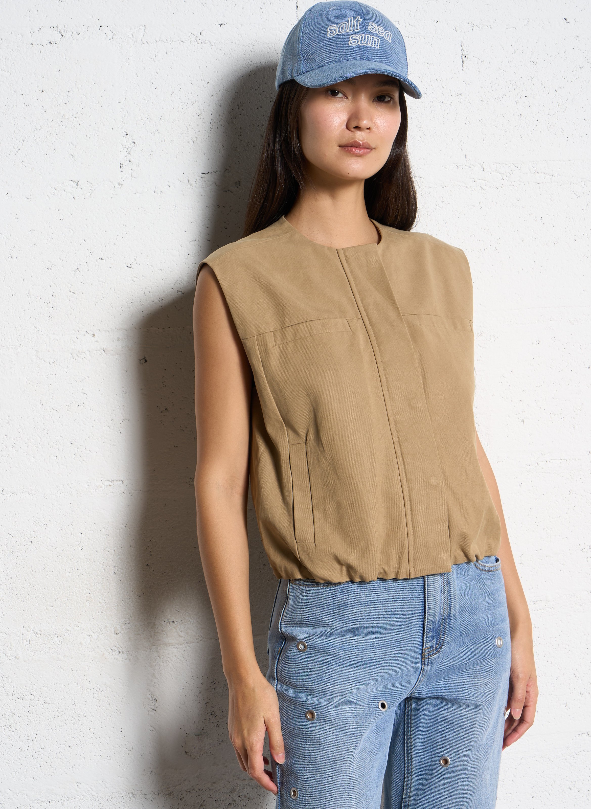 Veste droite col rond en coton SUNCOO Beige