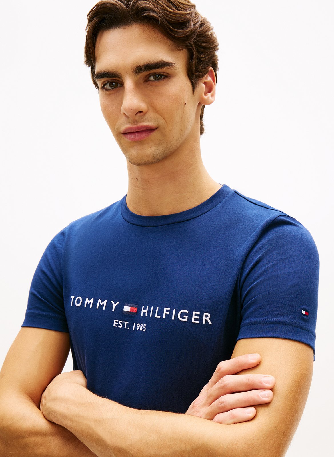 Embroidered organic cotton T-shirt with round neck TOMMY HILFIGER Blue