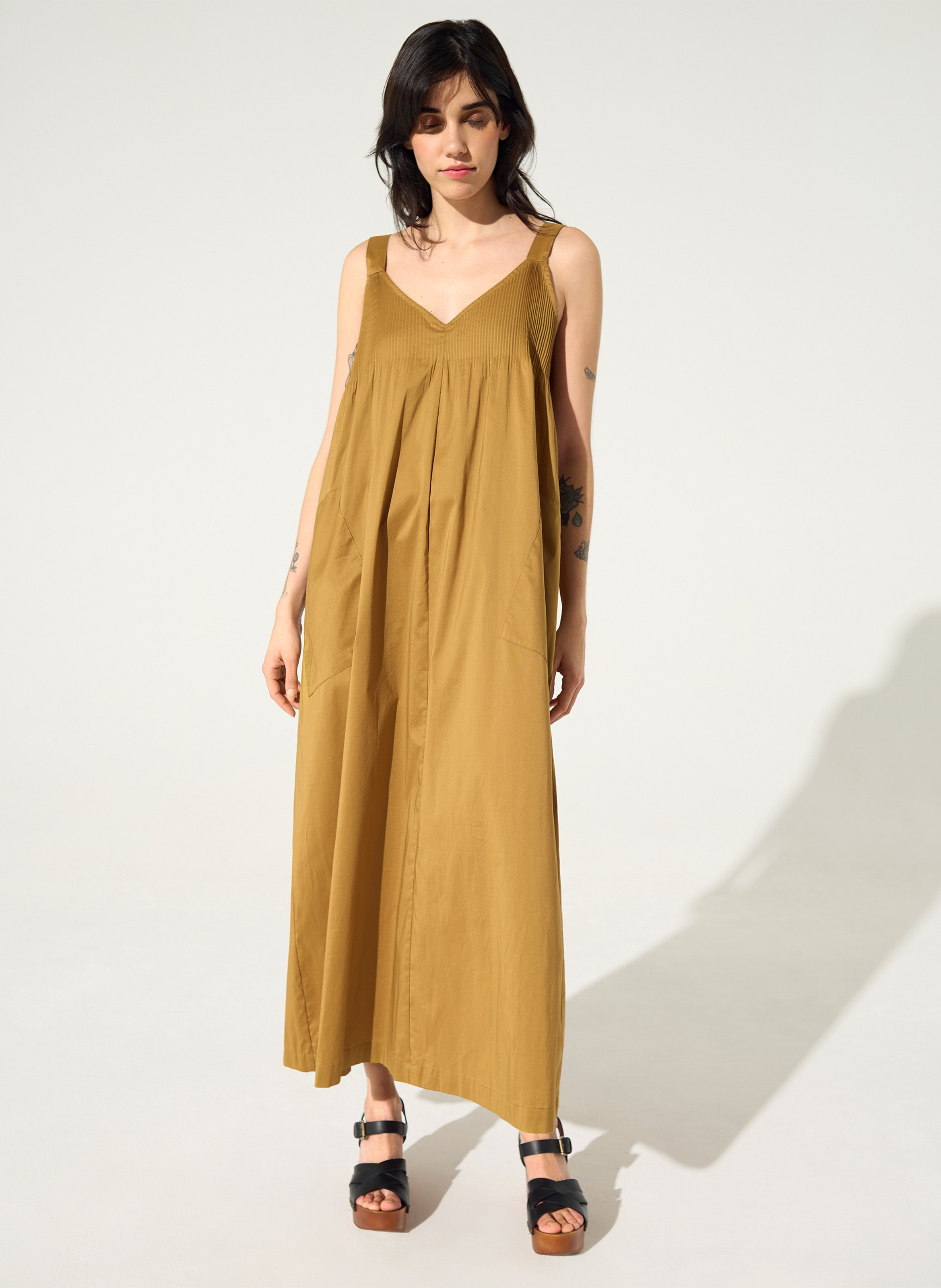 Long cotton-blend V-neck dress COTELAC Brown