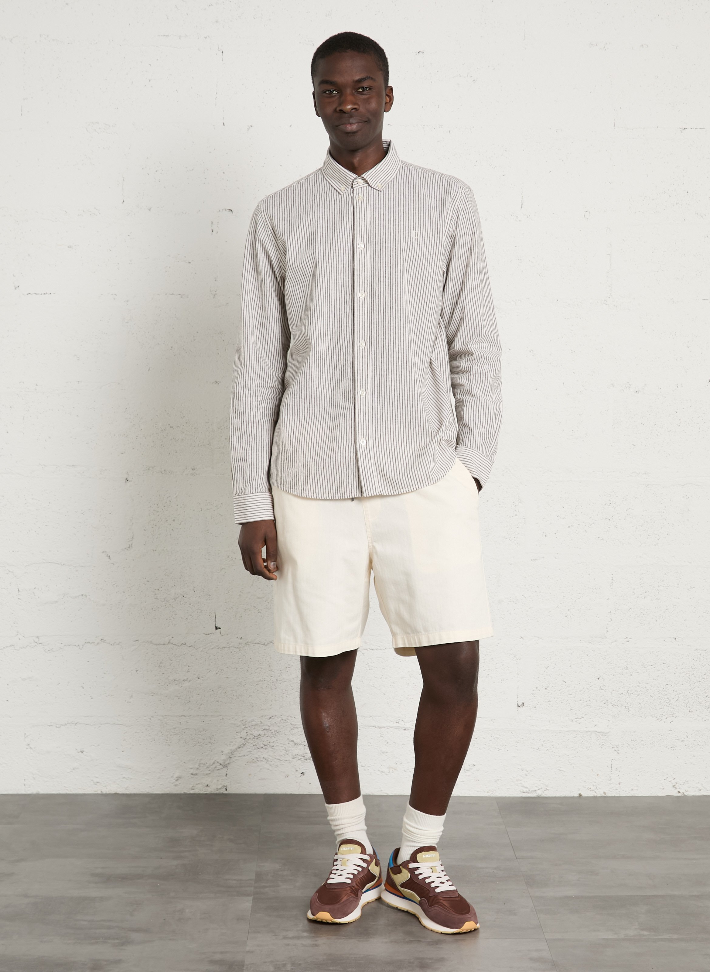 Chemise droite col américain rayée en coton et lin LES DEUX Marron