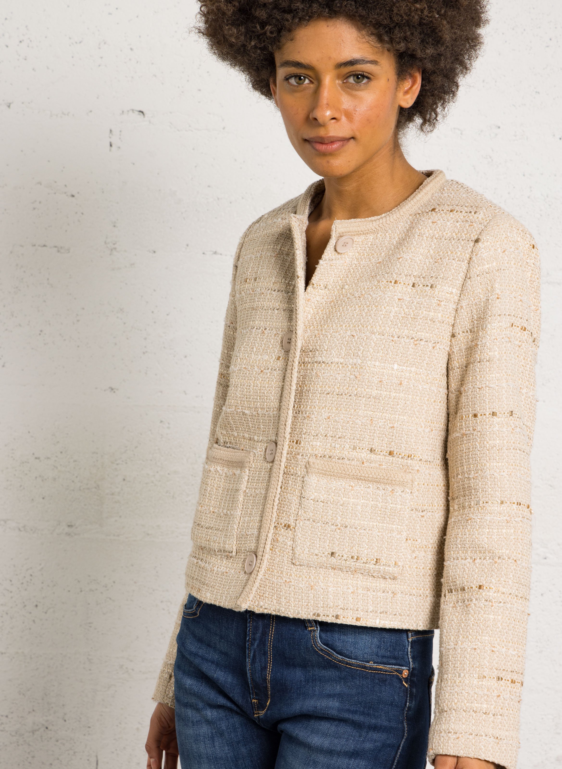 Straight cotton-blend jacket with round neck SUD EXPRESS Beige